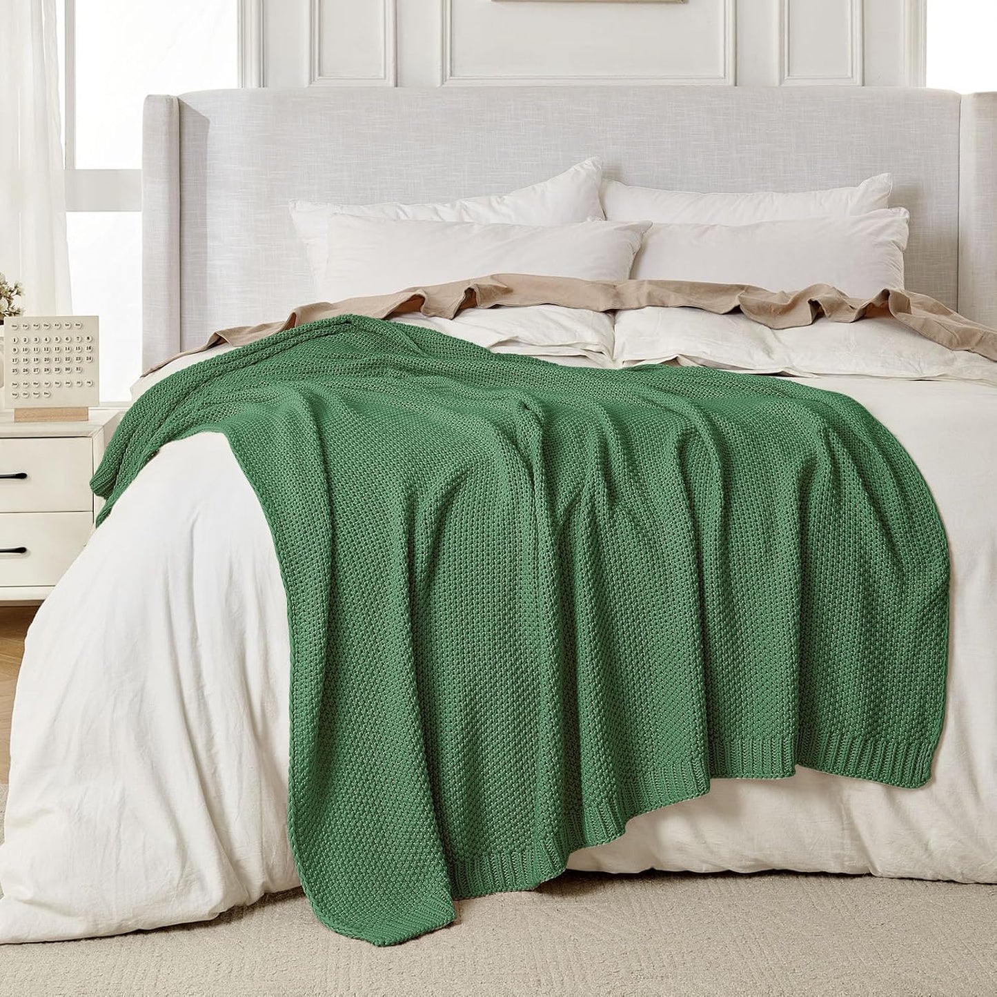 Joydeco Chunky Cable Knit Throw Blanket, Lightweight 100% Cotton Soft Cozy Throw Twin Blanket for Couch Bed and Sofa, Rustic Breathable Farmhouse Blanket Gift for Women Men(Olive Green, 60"x80")