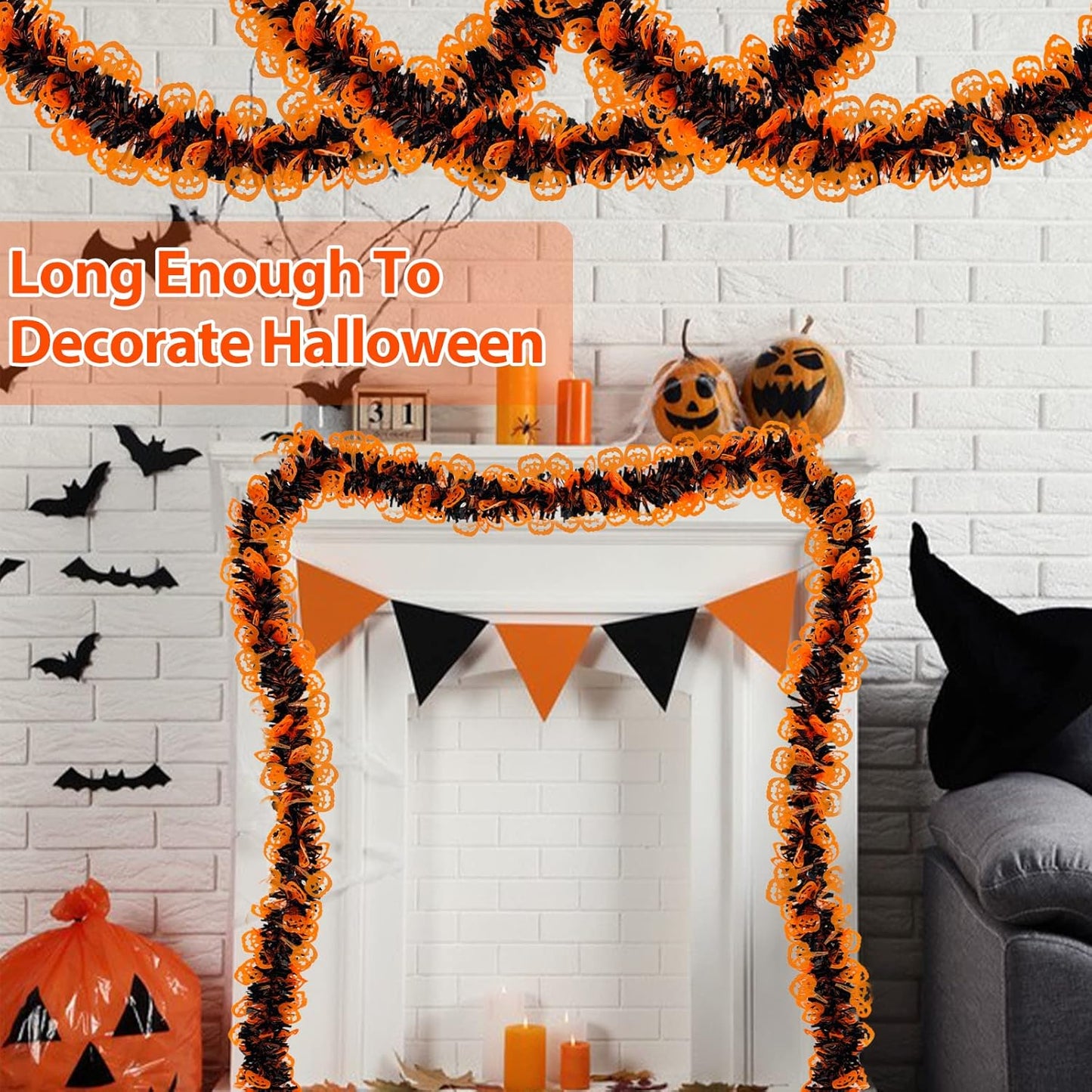 TURNMEON 2 Pack Halloween Garland Total 66 Ft Halloween Tinsel Garland with Black Orange Pumpkin Metallic Twist Black Tinsel Garlands Outdoor Halloweens Decorations Indoor for Home Mantle Door Tree