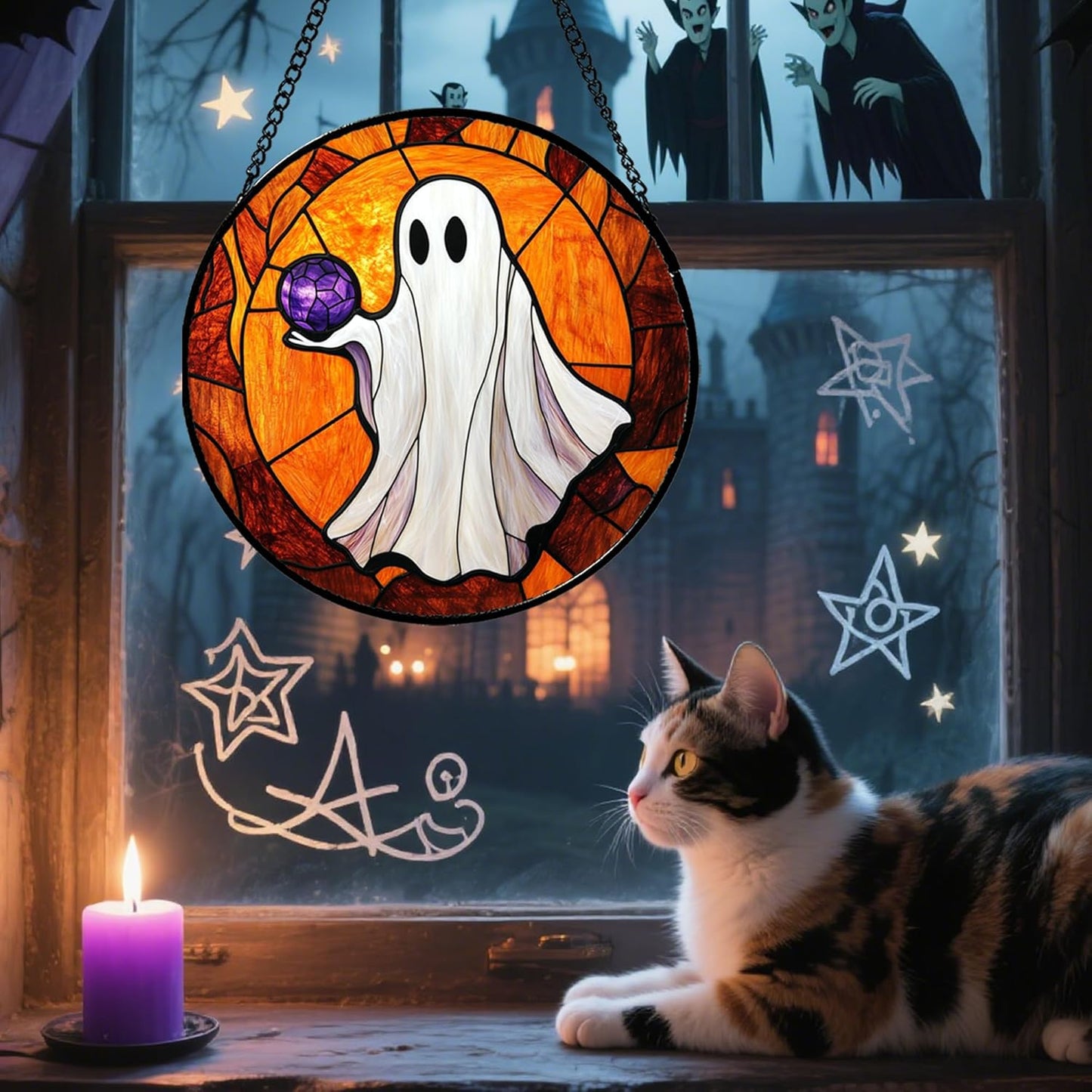 Stained Glass Window Hanging - Halloween Decorations Ghosts Vampire Suncatcher for Doors Garden Indoor Funny Spooky Sun Catchers Gothic Decor Horror Gifts for Women Men Friend 15 in