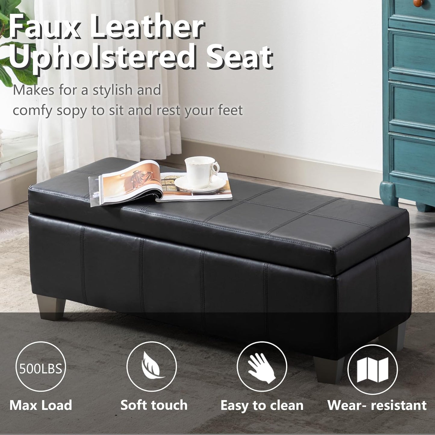 Black Faux Leather Ottoman with Storage, Rectangular Extra Long Storage Bench for Bedroom and Living Room