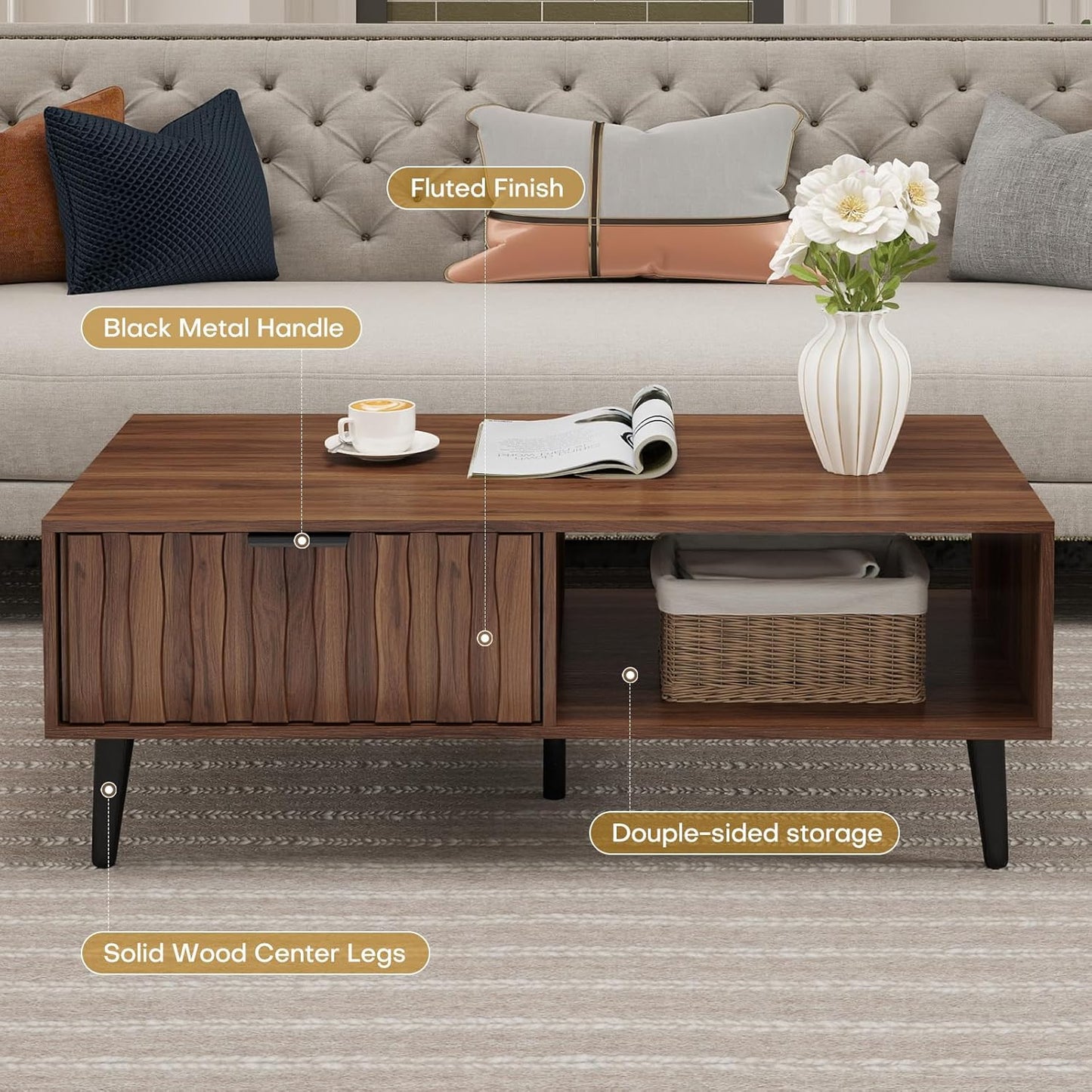 Mid Century Modern Coffee Table with Grooved Drawers & Open Storage, 47" MDF Walnut Wood Center Table with Black Solid Wood Legs, Retro Living Room Furniture