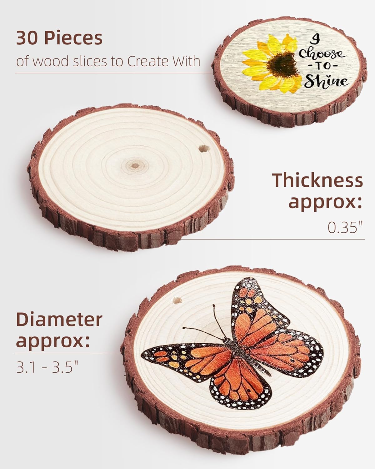 Unfinished Wood Slices with Hole, Natural Wood Circles Blank with Bark for DIY Crafts, Home Decor, Christmas Ornament (30Pcs, 3.1-3.5 Inch)