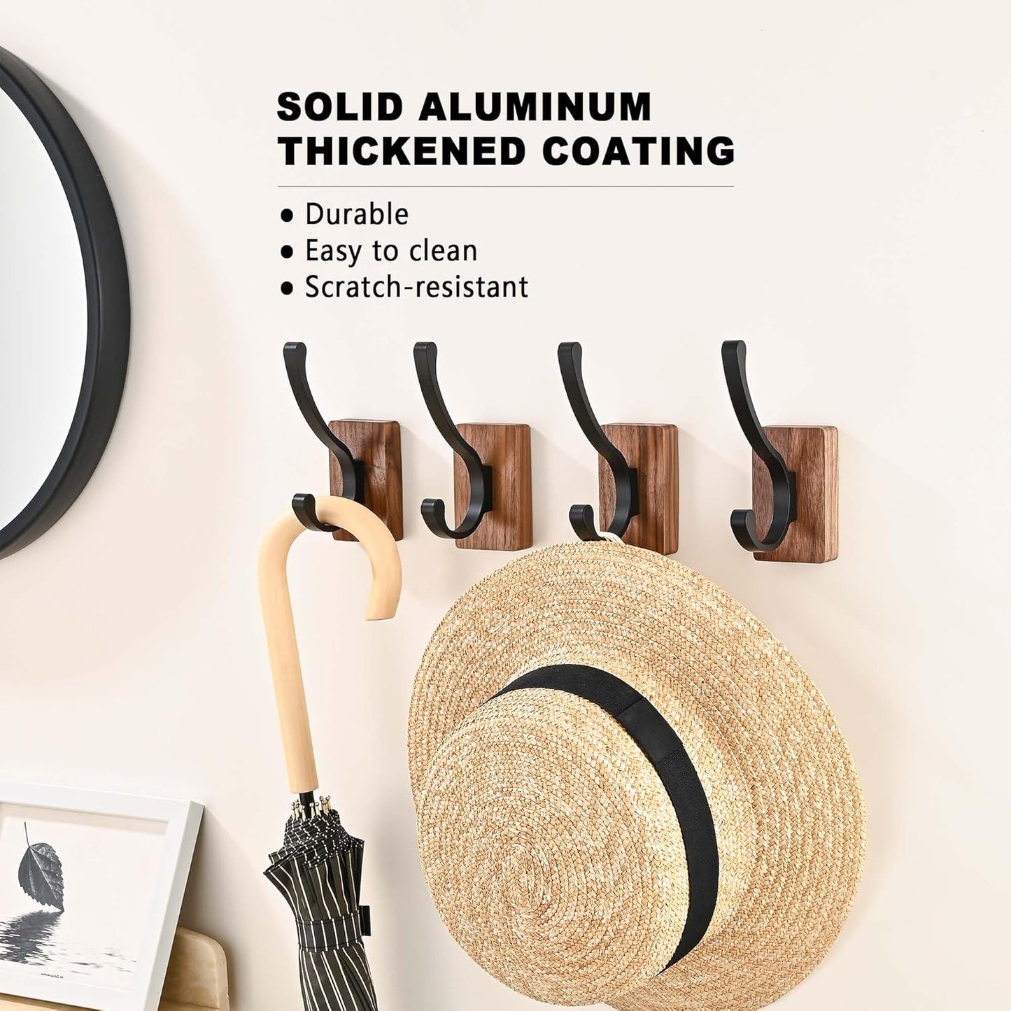 6 Pack Wooden Wall Hooks for Hanging, Adhesive Mounted & Wall Mount Nature Wood Coat Hooks for Towel Clothes Blanket Hat Backpack Robe Nursery Door Board Entryway Key Holder