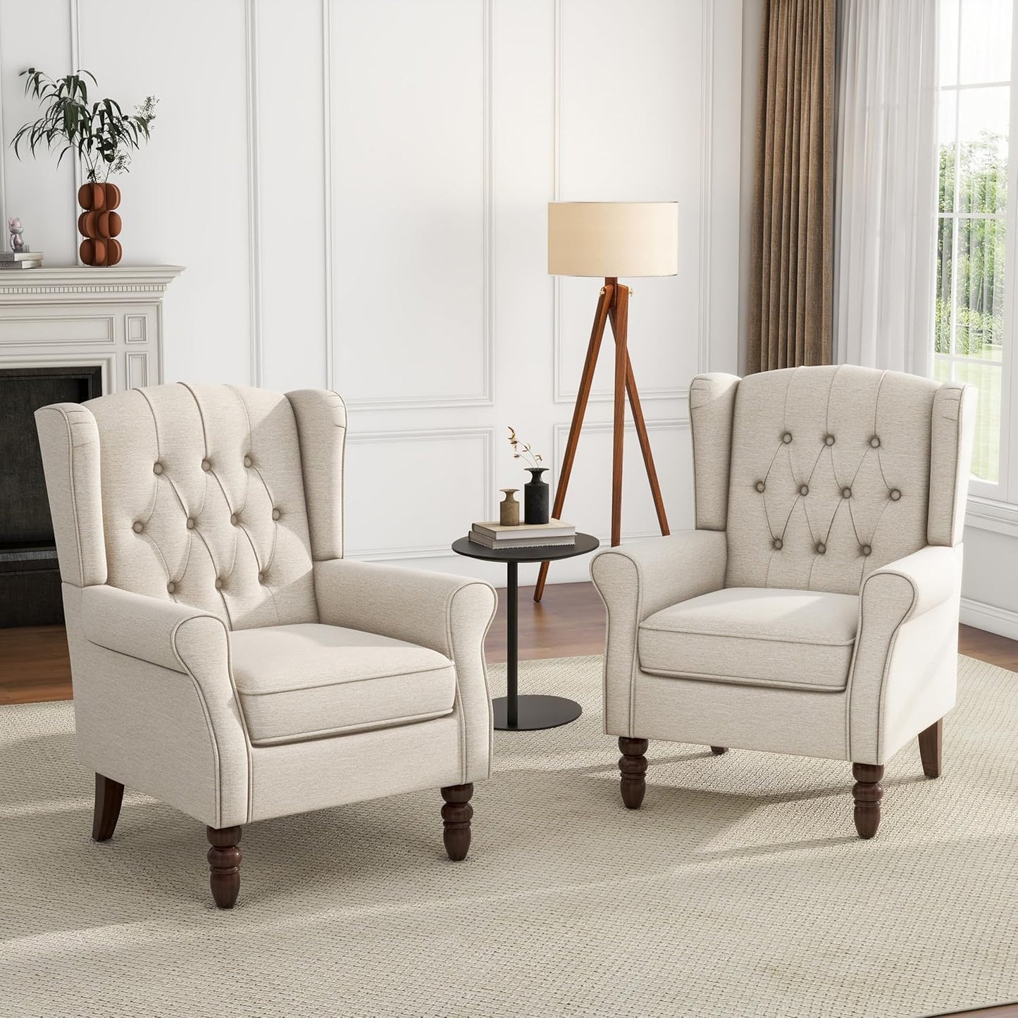 UIXE High Back Accent Chairs Set of 2, Upholstered Armchair in Fabric for Living Room, Retro Wingback Arm Chair Comfy Single Sofa Bedroom Reading Seat with Solid Wood Legs - Beige
