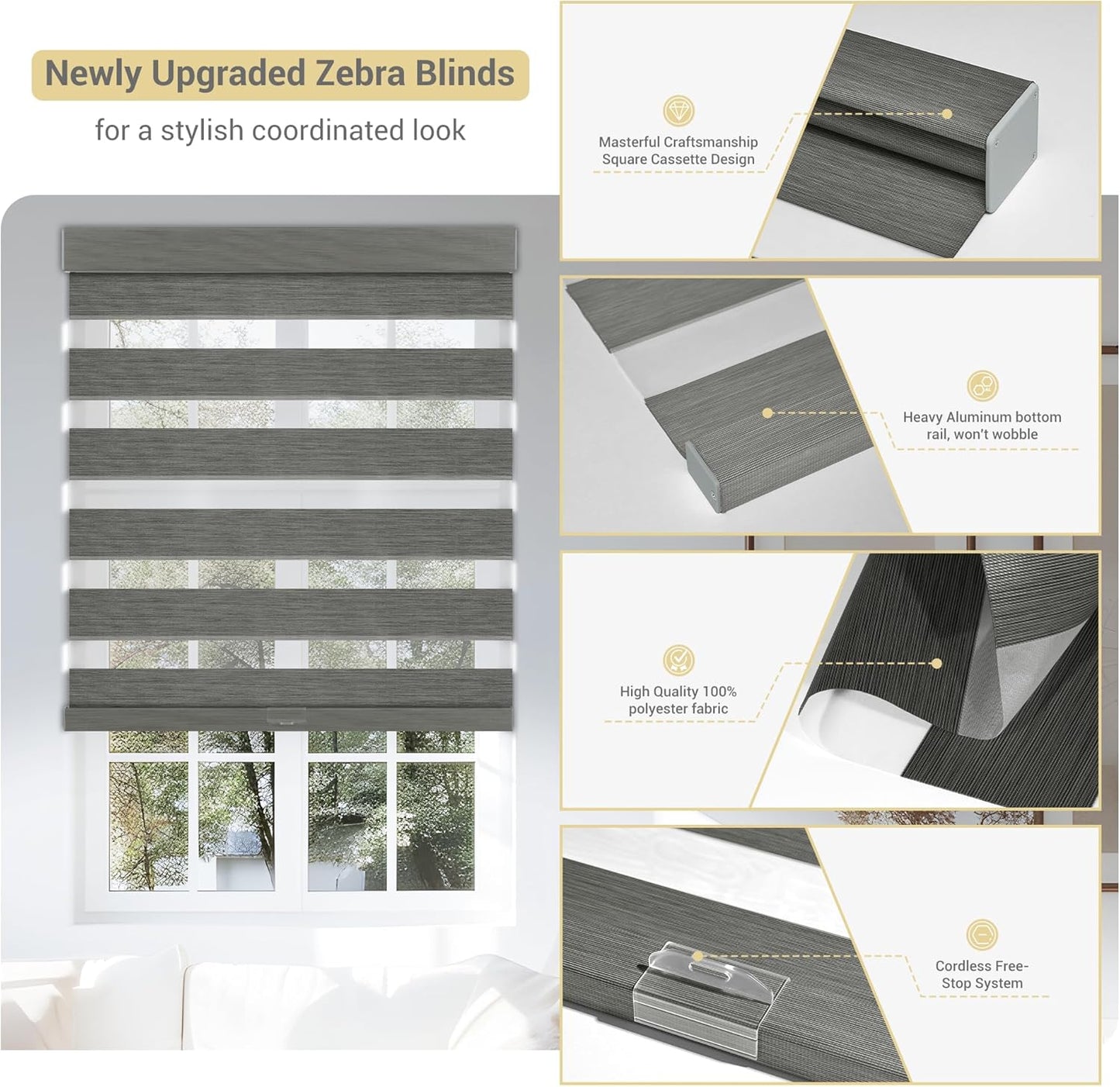 Cordless Zebra Blinds for Windows, Blackout Interior Blinds,Easy to Install,UV Protection,for Offices and Home,Custom Roller Shades, Mousse Grey,75" W x 72" H