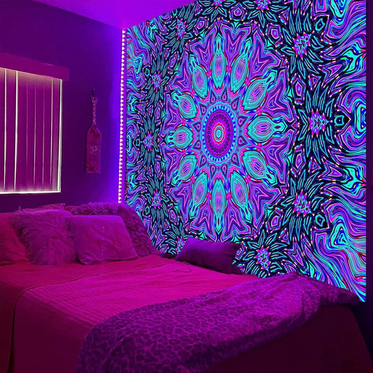 PSYHILAR Blacklight Mandala Tapestry for Bedroom, Psychedelic Black Light Posters for Adults and Teens, Neon UV Reactive Aesthetic Bohemian Art Wall Hanging Decor (60 x 50 Inches)