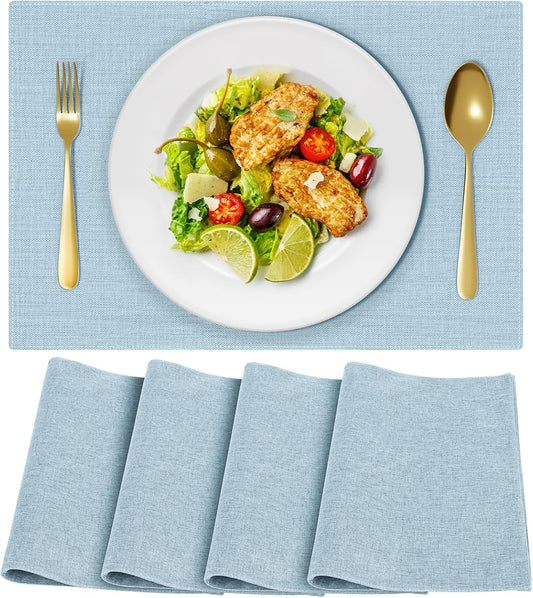 Cloth Placemats, Set of 4 Heat-Resistant Cotton Linen Blend Double Layered Machine Washable Place Mats, Wrinkle Free Thick Fabric Dining Table Mats for Indoors & Outdoors (Sky Blue, 4)