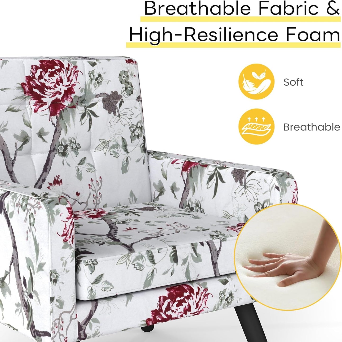 Kromax Mid-Century Modern Accent Chair for Living Room, 496 Lb. Weight Capacity, Dual Armrests, Comfy Extra Large Seat, Timeless Style Perfect for Reading & Relaxing, Red Floral