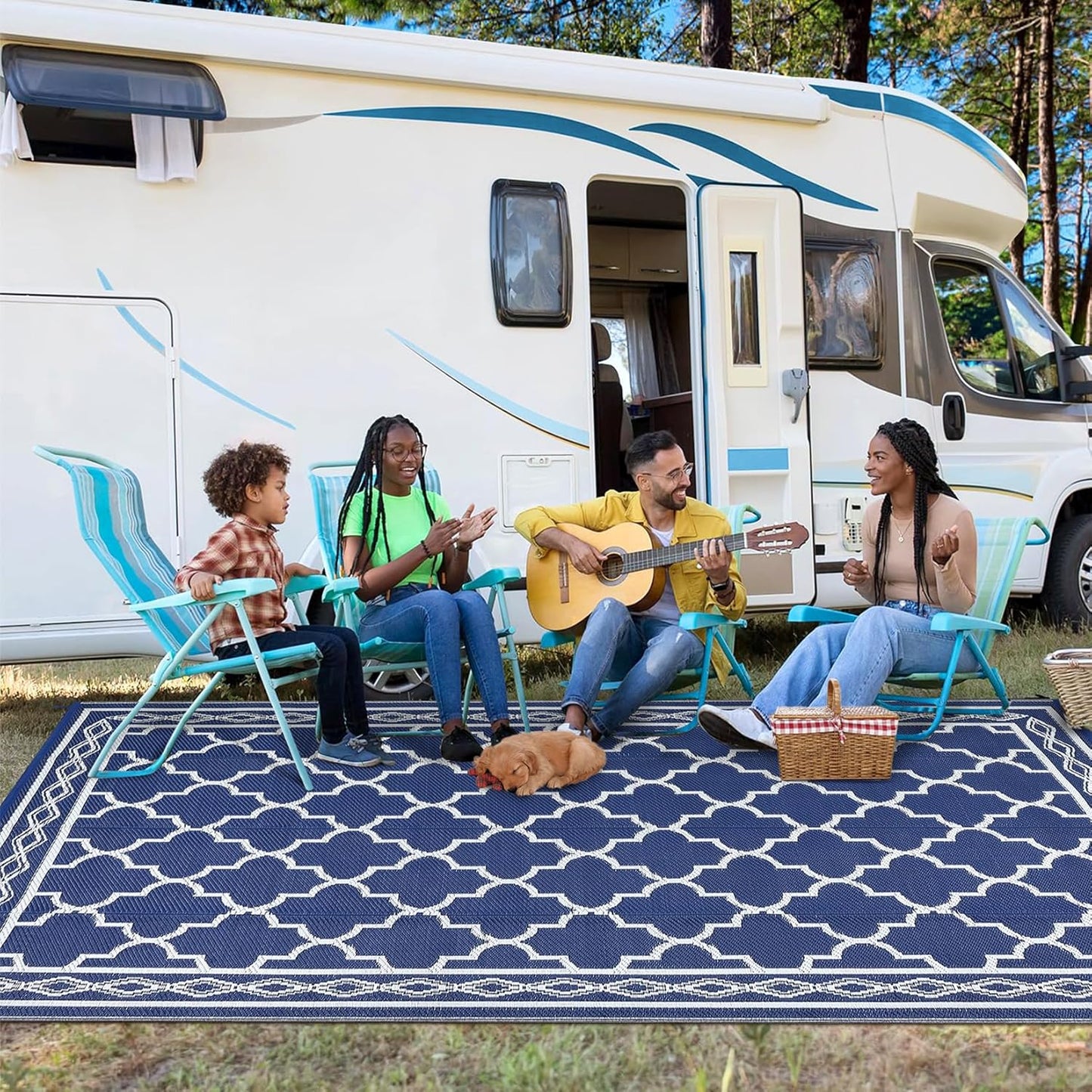 GAOMON Outdoor Plastic Straw Rug, 10'x14' Reversible Sage Green Patio Mat, Flower Modern Design for RV, Backyard, Deck, Camping, Picnic, Navy/White(Geometric)