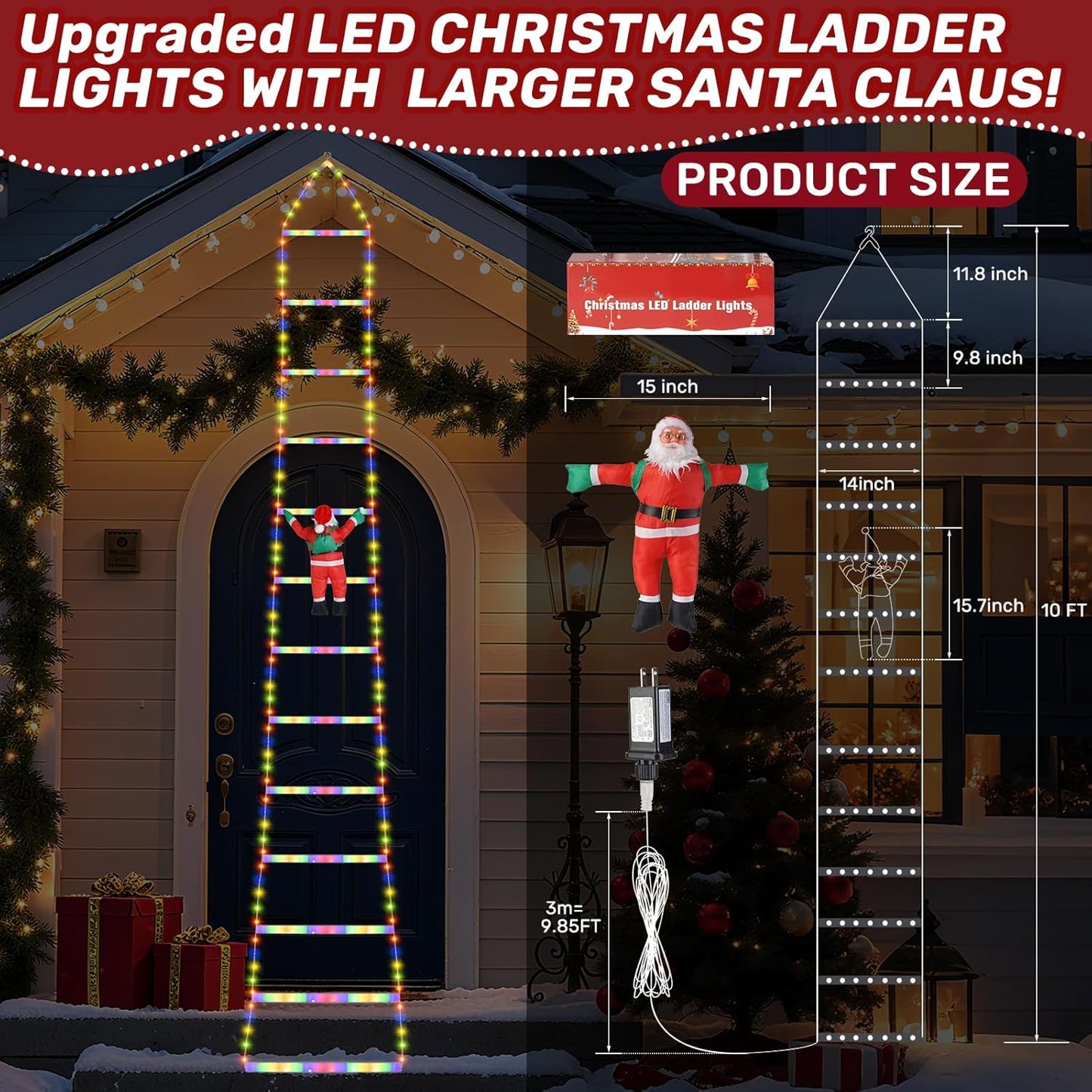 LED Christmas Ladder Lights 10ft with Santa Claus Decorations 2025 Upgrade Decorative Multicolor Lights for Outdoor and Indoor, Window, Garden, Home, Wall, Xmas Tree Decor Waterproof with 8 Modes