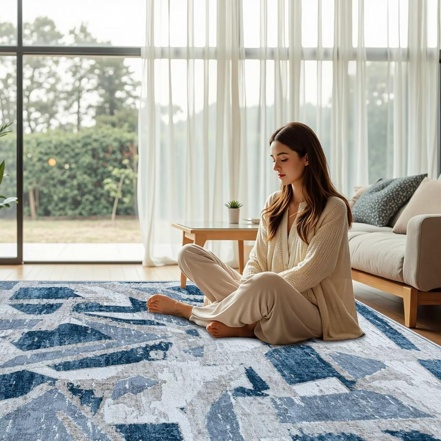 Modern Abstract Blue 6X9 Area Rug for Living Room Bedroom Washable, with Non-Slip Rubber Backing Print Faux Wool Thin, Throw Large Carpet for Kids Playroom Dining Room Pet & Child Friendly