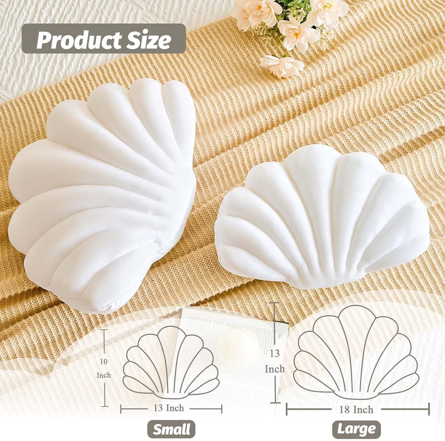 White Seashell Throw Pillows, Shell Shaped Throw Pillows, 13 Inch Soft Velvet Home Decorative Pillow Plush Cushion for Bed Couch Living Sofa Room Decor Accent Throw Pillow