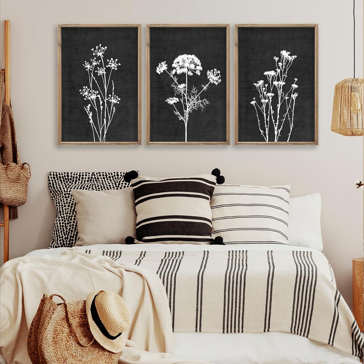 Flower Plant Wall Art Decor 24"x16" Set of 3 Black And White Botanical Painting Wood Framed For Minimalist Bedroom Office Rustic Living Room Abstract Wildflower Sign Hanging (Wood Black)