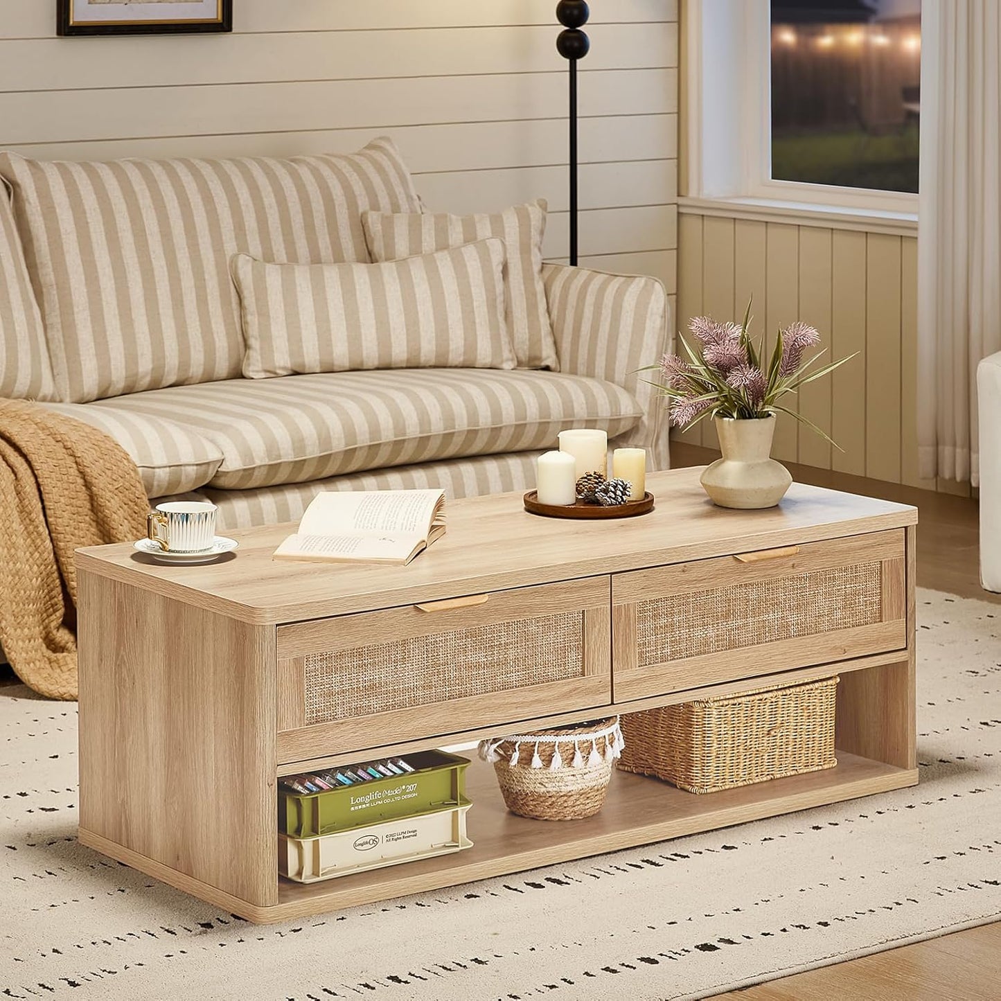 LEYAOYAO Boho Rattan Coffee Table and End Table Sets, 48" Wide Center Tables & 23" Night Stand with Charging Station Chest of Drawers, Natural Wood Coffee Table for Living Room 2 Piece Set