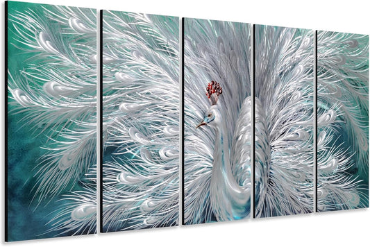 Yihui Arts Peacock Metal Wall Art, Teal and Silver Aluminum Artwork, Modern Sculpture for Living Room Bedroom Bathroom Decor