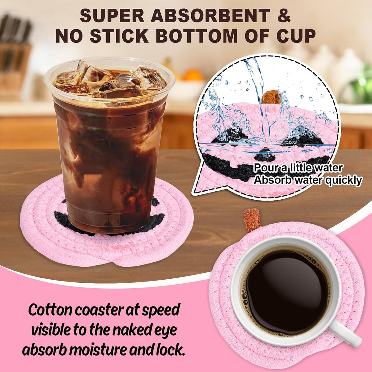 Whaline Halloween Pumpkin Cotton Coasters Pink Pumpkin Face Handmade Braided Drink Coasters Absorbent Cup Mats for Trick or Treat Party Home Table Decor, Set of 4