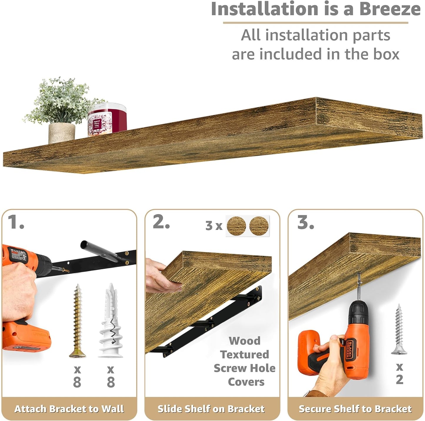 Sorbus Floating Shelves for Wall - 48 Inch Long Bathroom Shelves, Wall Decor for Bedroom, Kitchen, Living Room & Book Storage - Mounted Floating Shelf with Invisible Brackets (Rustic Brown, 3 Pack)