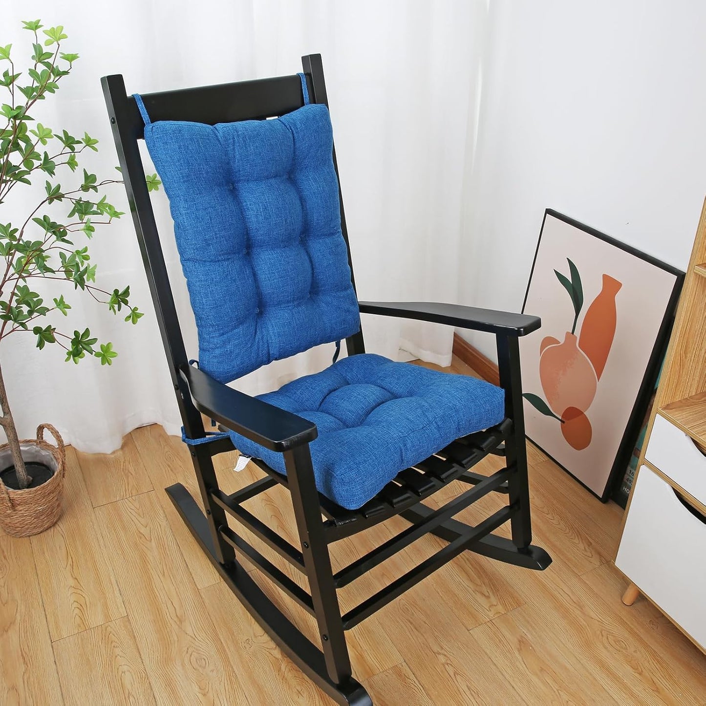 BUYUE Chair Cushion Set for Rocking Chair, Back Pillow & Seat Cushion with Ties, Original Woven Fabric Non-Slip Chair Pads for Elderly Sitting, Blue
