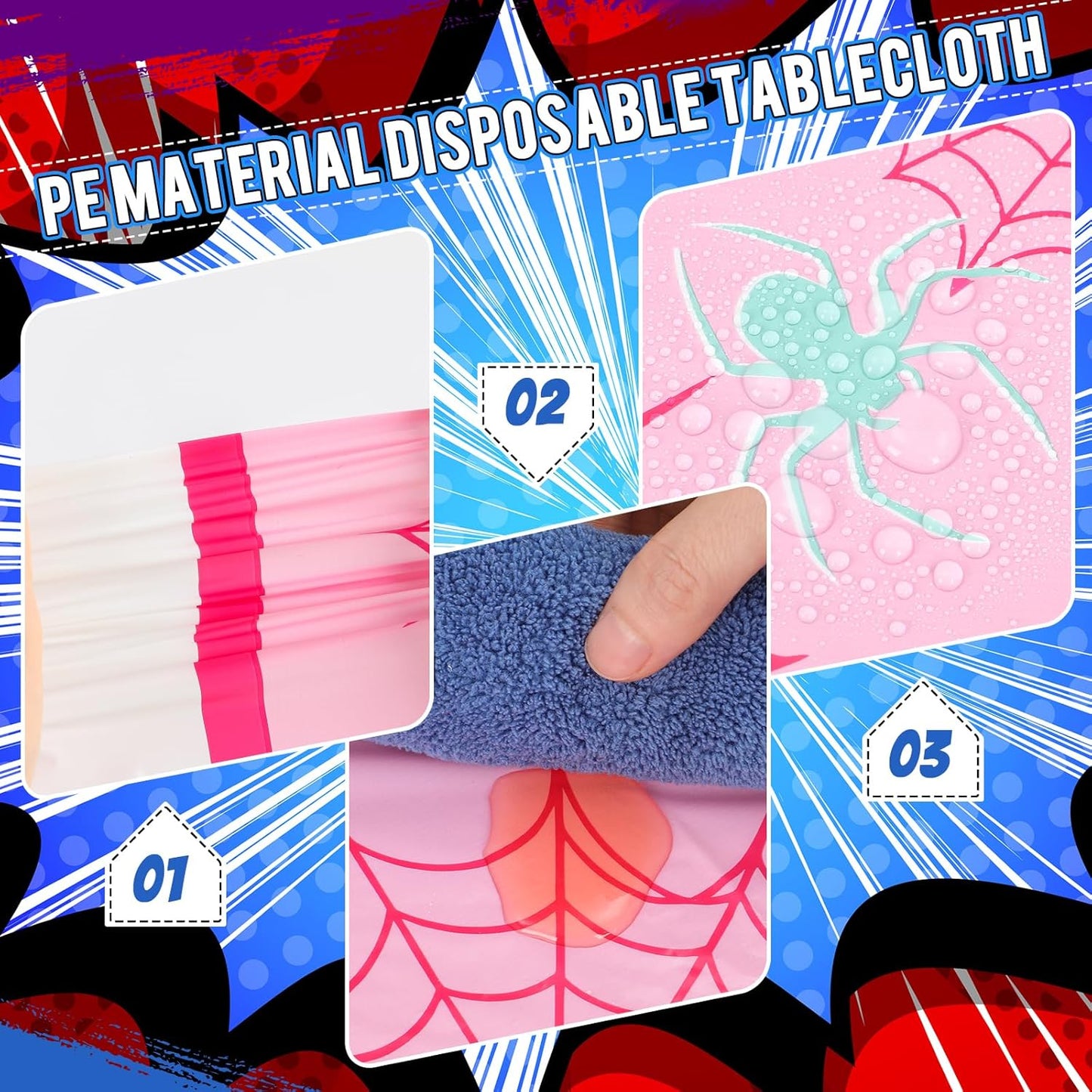 Oudain 3 Pack Spider Theme Birthday Decorations Halloween Purple Black Red Pink Green Web Ghost Bat Tablecloth Cartoon Table Cover Party Favor for Birthday (Pink,Green,Spider)