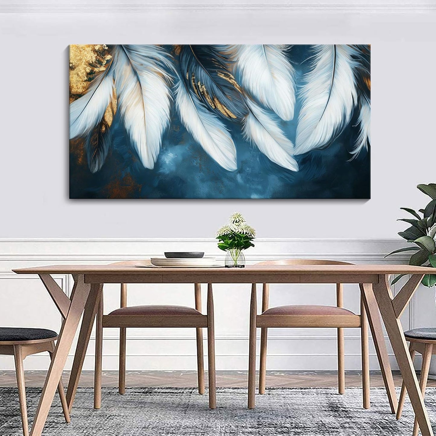 Mofutinpo Blue and Gold Wall Art Navy Blue Decor for Living Room Feather Canvas Art Wall Decor, Blue Bedroom Wall Decor Above Bed Pictures Wall Painting - Artwork for Walls 24×48IN