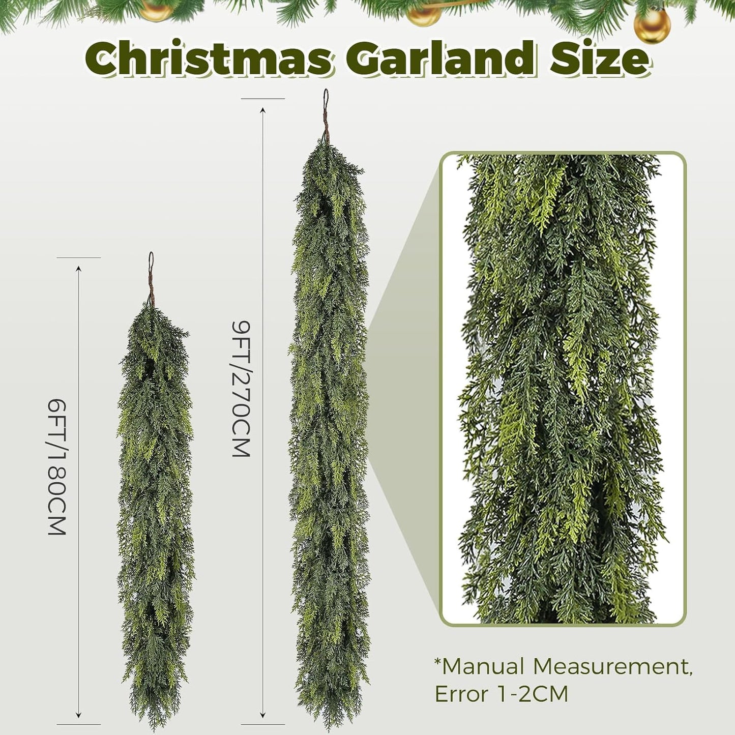 6 ft Christmas Garland, Cedar Garland, Real Touch Cypress Garlands, Green Artificial Greenery Garland for Mantel Indoor Outdoor Christmas Decorations