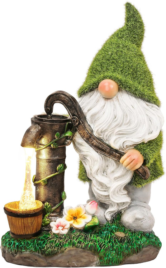 TERESA'S COLLECTIONS Garden Gnomes Decor with Solar Lights, Fathers Gifts, Green Outdoor Resin Decorations for Porch Patio, Gnome Ornaments for Dad and Mom，9"