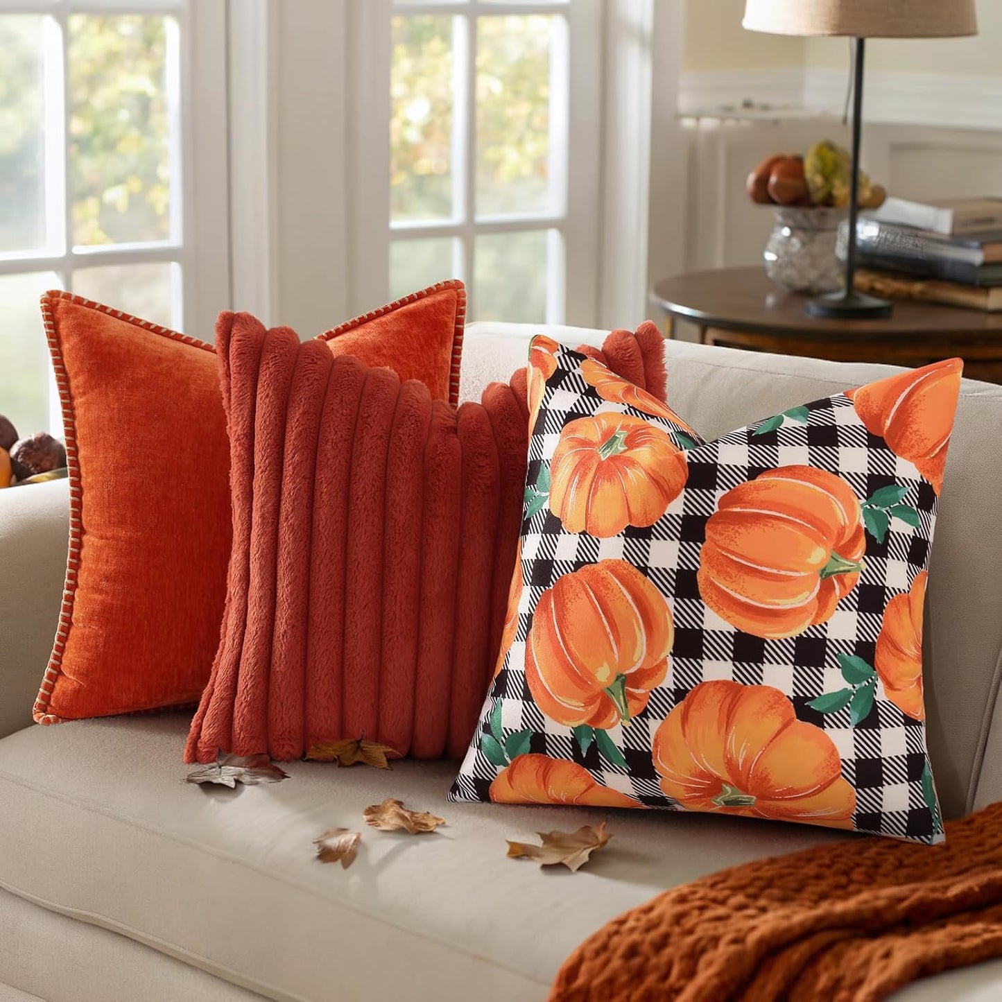 decorUhome Fall Orange Pumpkin Decorative Throw Pillow Covers 18x18 Set of 2, Buffalo Plaid Check Farmhouse Cushion Covers for Autumn Harvest Couch Sofa Bed Home Decor