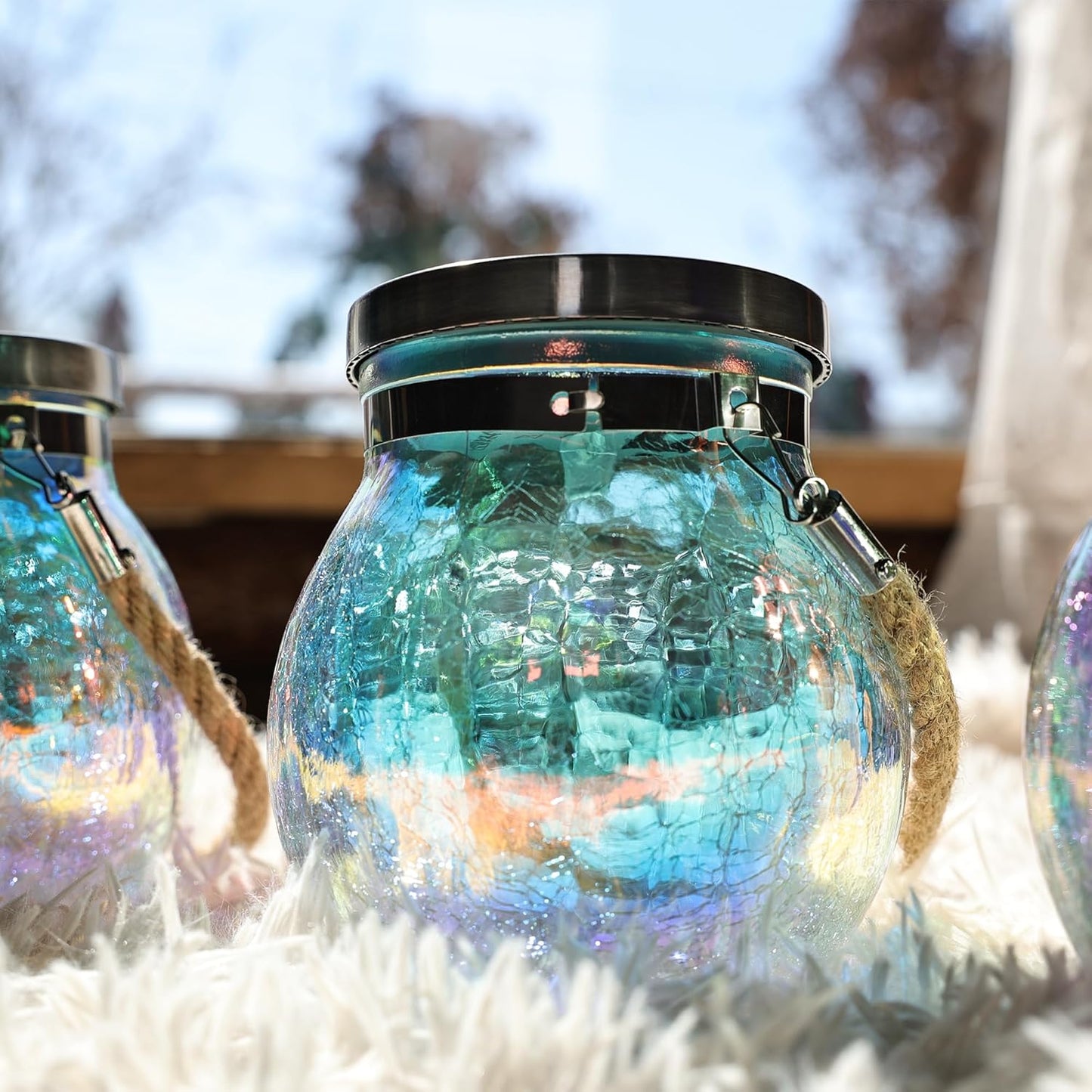 Cooo 4 Pack Solar Lantern Outdoor Waterproof Iridescent Crackle Glass with 215% Larger Solar Panel, Stainless Steel Lid – Rainbow Glass Hanging Light with Cool White LED for Garden Patio Table