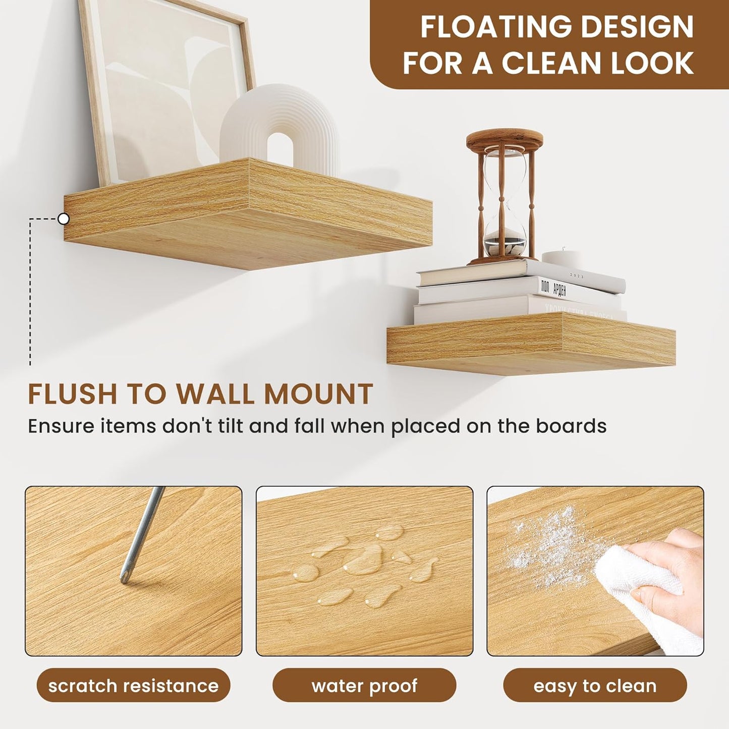 fuqing Floating Shelves for Wall, Bathroom Shelf Wall Mounted for Storage, Shelves with Invisible Bracket for Bedroom, Kitchen, Living Room, Farmhouse Small Book Shelf, 6.5 Inch Set of 3, Oak