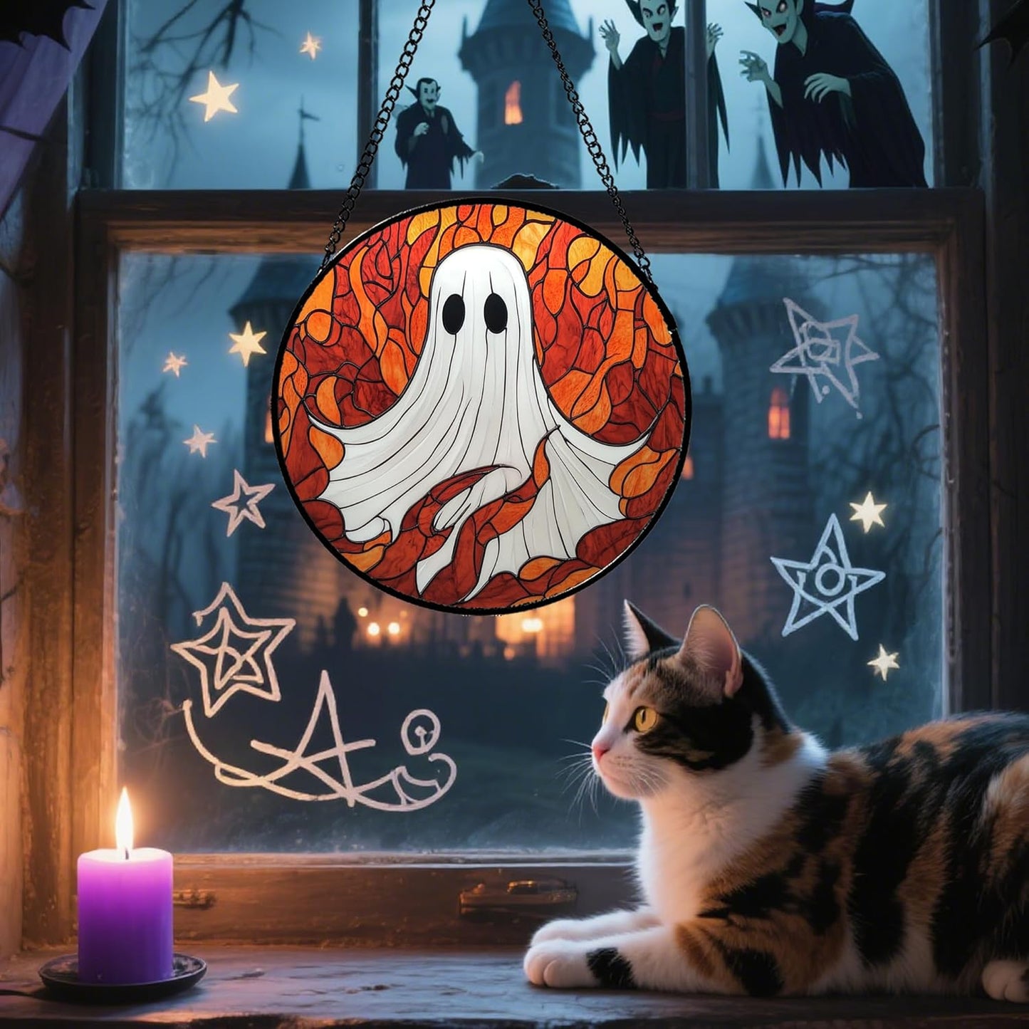 Stained Glass Window Hanging - Halloween Decorations White Ghost Orange Sky Suncatcher for Doors Garden Funny Spooky Sun Catchers Gothic Decor Horror Gifts for Women Men Friend Boy 7.8 in