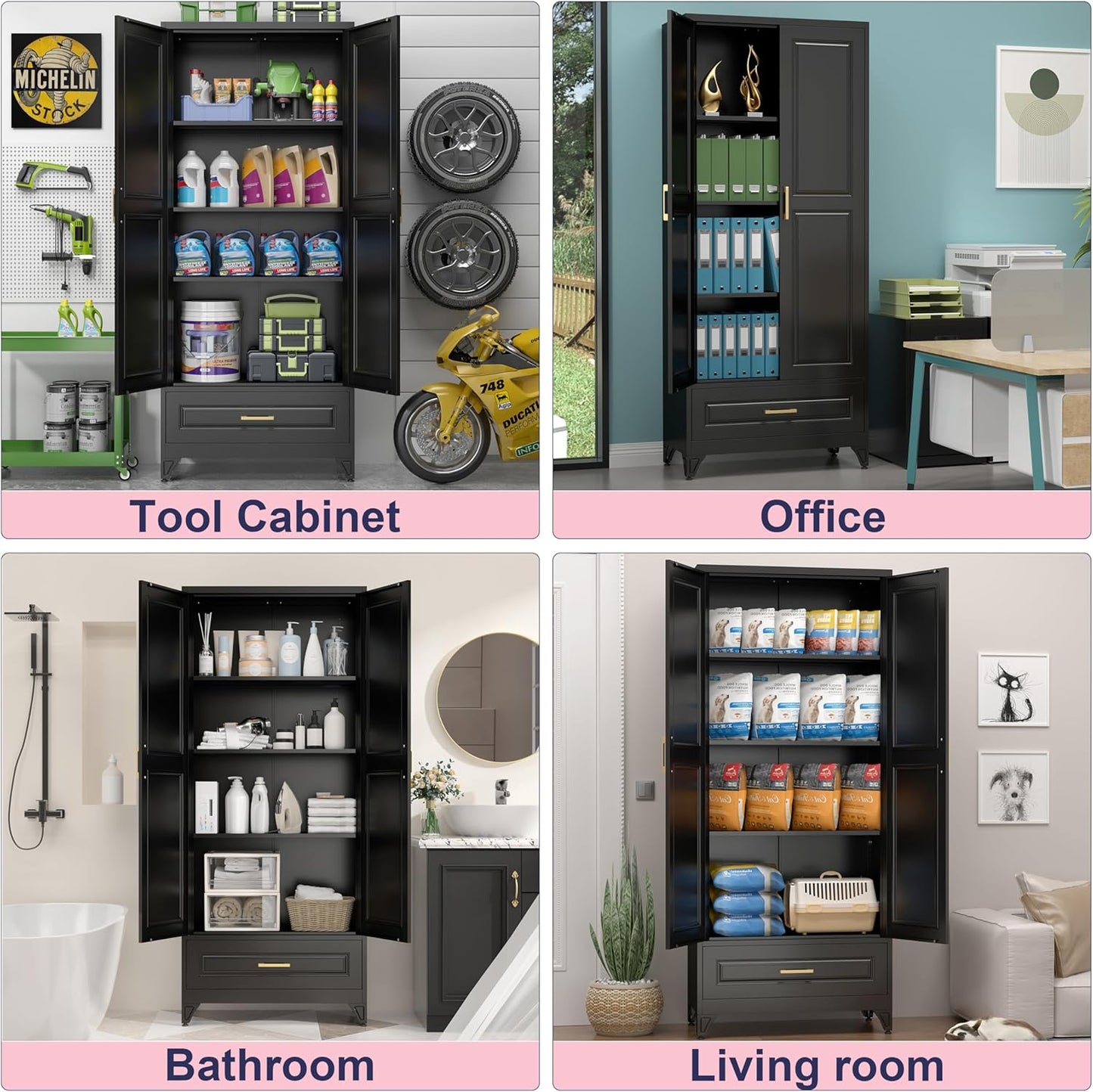 Pantry Kitchen Cabinet with Drawer, 75" Tall Pantry Storage Cabinet, Metal Storage Cabinets with Doors and Shelves, Large Freestanding Cupboard for Dining Room, Assembly Required, Black