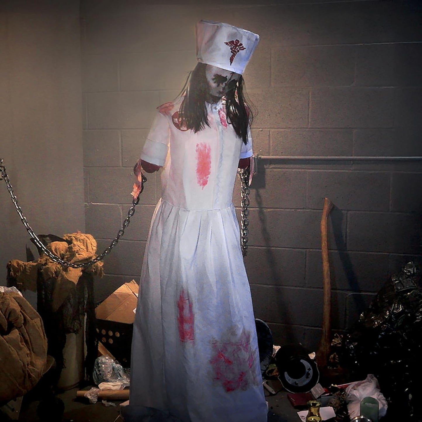 Haunted Hill Farm Life-Size Animatronic Convulsing Nurse by Tekky Halloween Decoration with Motion-Activated Sounds