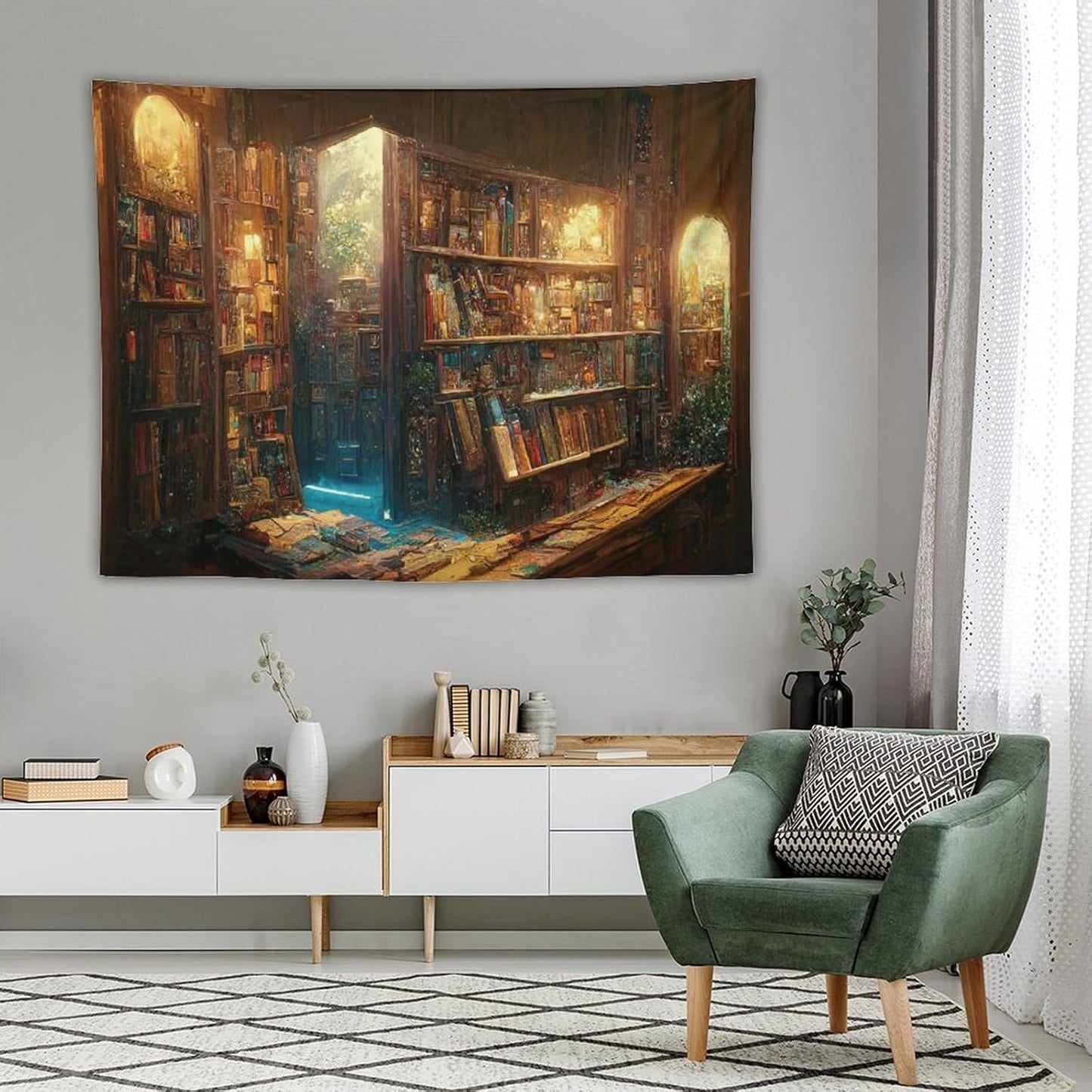 Kurtect Bookshelf Tapestry,Vintage Style Library Watercolor Art Theme Pattern Print Tapestries for Party Beach Picnic Blankets Tablecloths Living Room Wall Deocr, 60x80 in