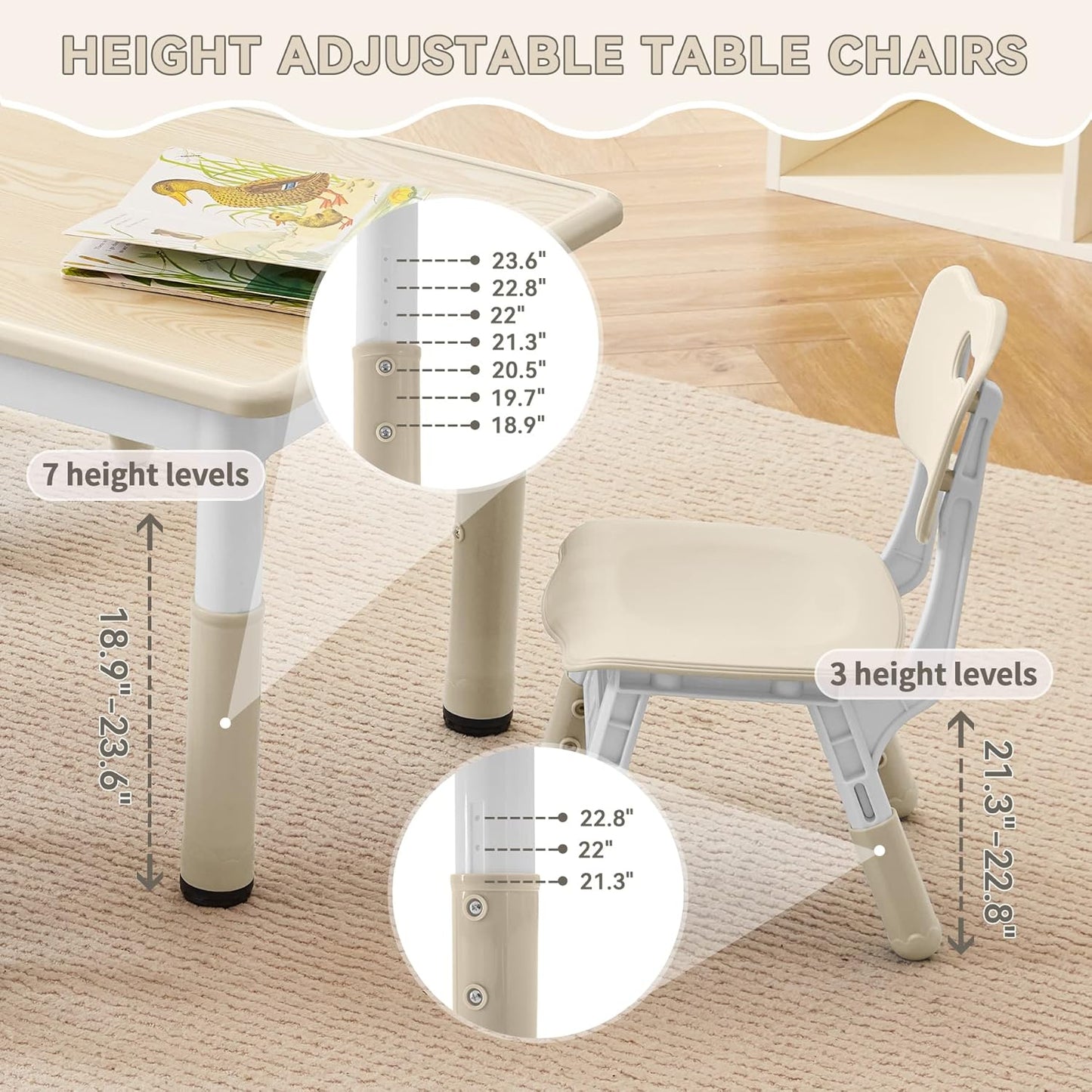 Kids Study Table and Chairs Set, Height Adjustable Toddler Table and Chair Set for Kids Ages 3-8, Graffiti Desktop (Burlywood - 2)