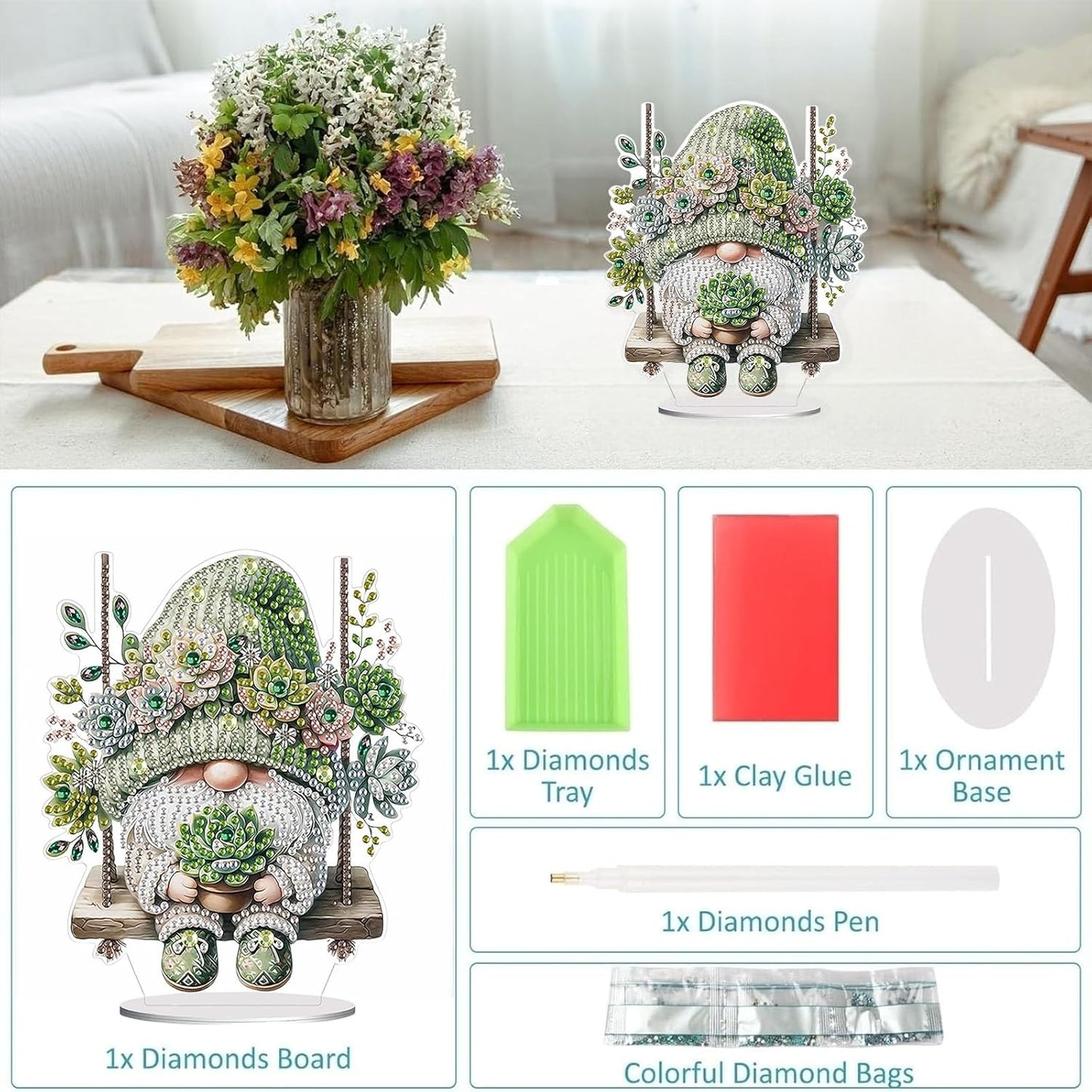 Diamond Painting Kits for Adults Beginners, 5D Full Drill Dwarf Succulents Crystal Art Desktop Ornament, DIY Single Sided Home Office Desk Decor, Creative Craft Gift Set with Tools