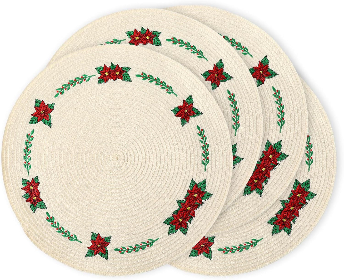 Whaline 4Pcs Round Christmas Flower Placemats Embroidered Xmas Poinsettia Place Mats Decorative Dinner Table Mats for Holiday Party Decor