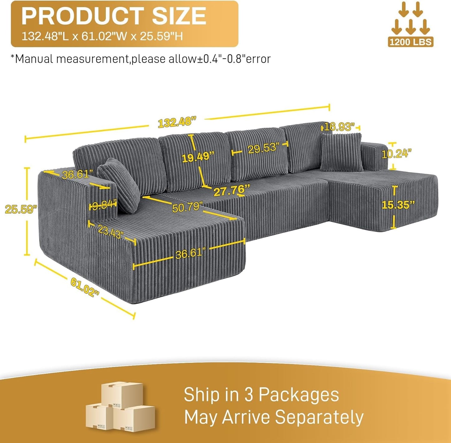 HYJT-H&K Modular Sectional Sofa Cloud Secttional Couch, 132" Comfy U Shaped Couches for Living Room, Deep Seat Memory Foam Fluffy Plush Corduroy Boneless Couch Sectionals with Chaise, Grey