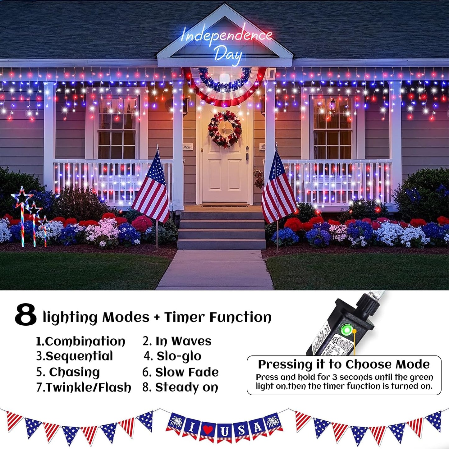 Red White and Blue Lights for 4th of July Decor, 66ft Icicle Lights for Outside Independence Day Decoration, 640 LED Christmas Light Outdoor Indoor with 120 Drops Clear Wire Connectable for Holiday