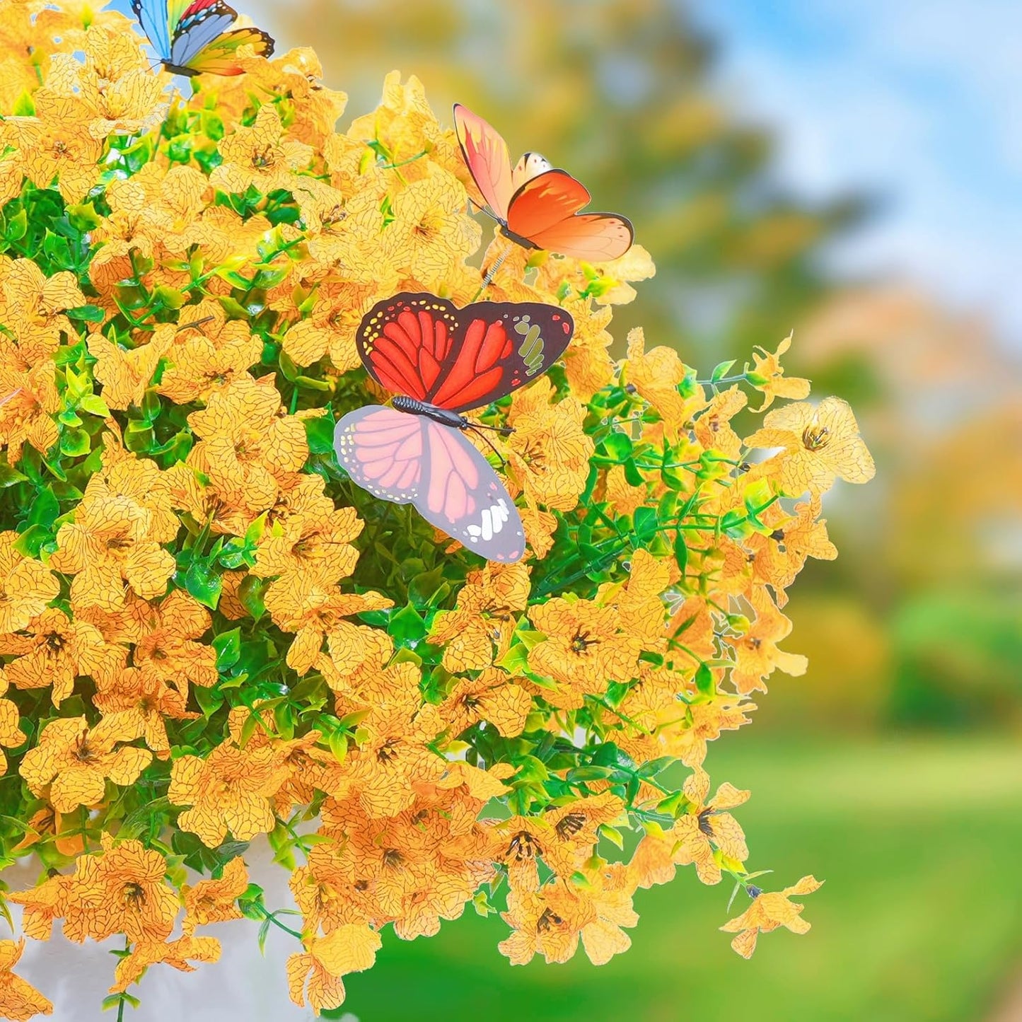‌20 Bundles Artificial Flowers for Outdoors‌ with 6 Faux Butterflies, UV Resistant ‌Fake Flowers‌ with Eucalyptus Leaves, ‌Artificial Plants Outdoor‌ for Patio Garden Porch Home Decor (Yellow)