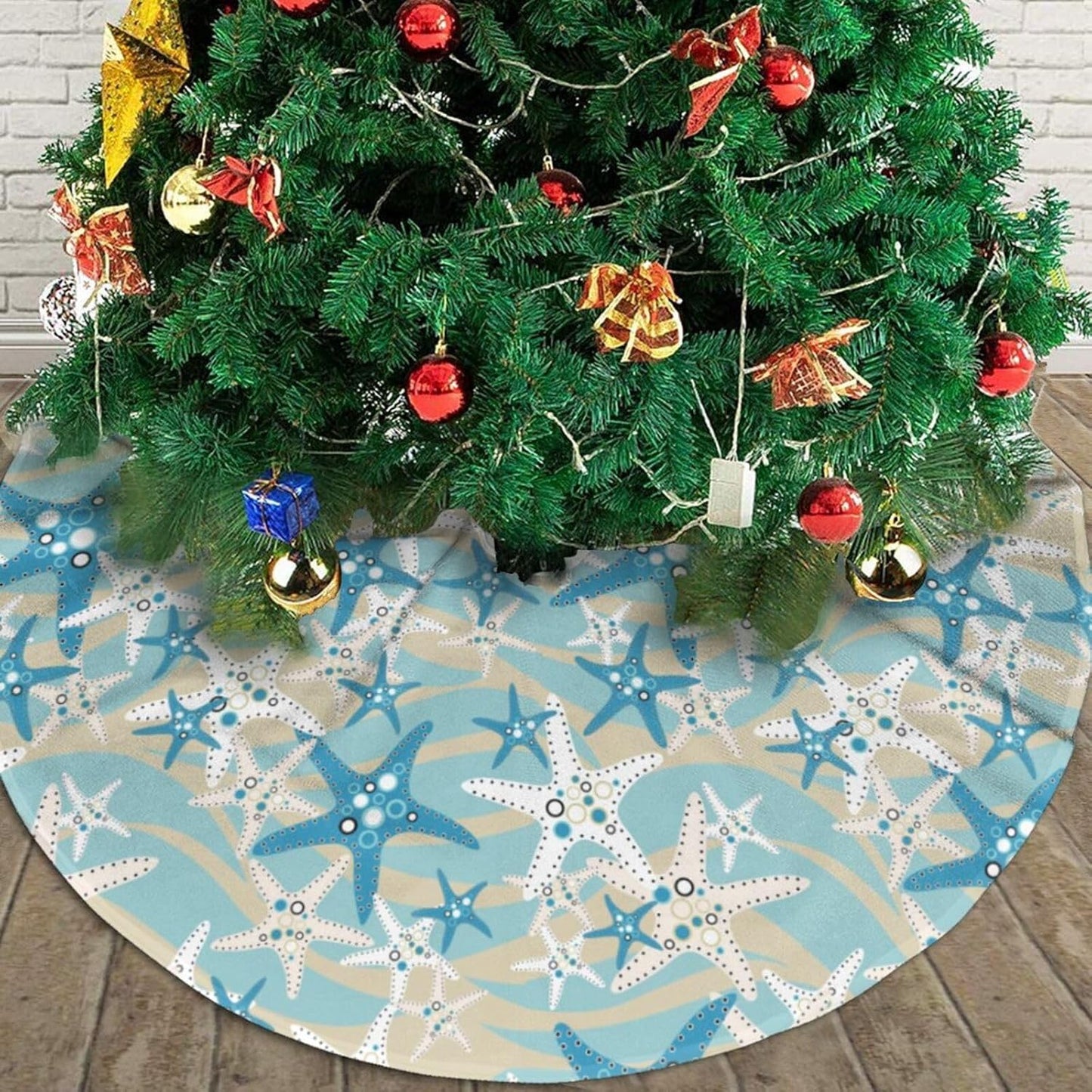 Christmas Tree Skirt,Beach Starfish Xmas Tree Skirt Rustic Farmhouse Tree Skirt for Christmas Decor Xmas Holiday Home Party Decorations48