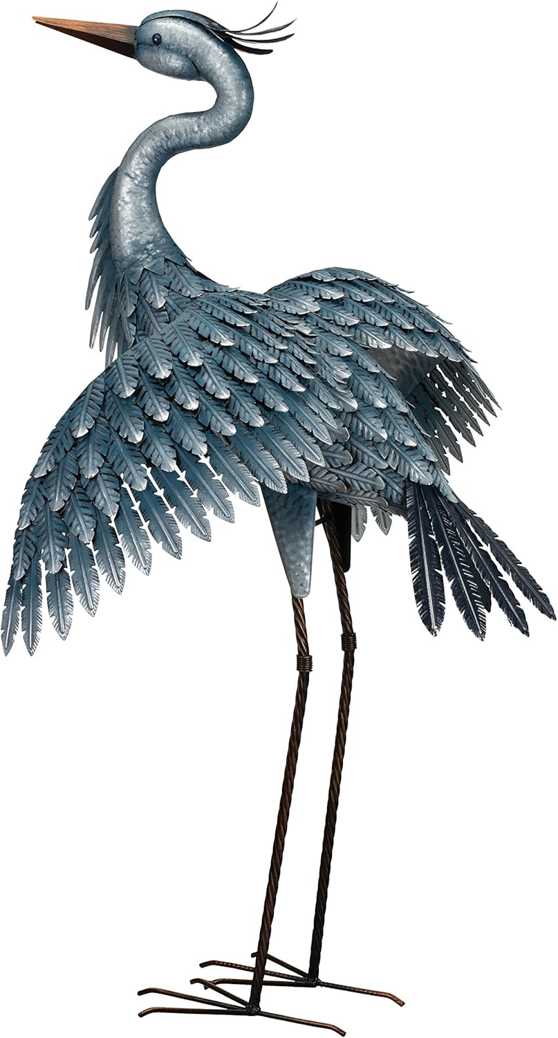Regal Art & Gift Outdoor Garden Décor, Unique Bird Sculpture, Rustic Metal Bird Statues, Garden Ornaments, Bird Figurine for Lawn, Decorative Sculpture, Heron, Blue, Wings Down, 41"height