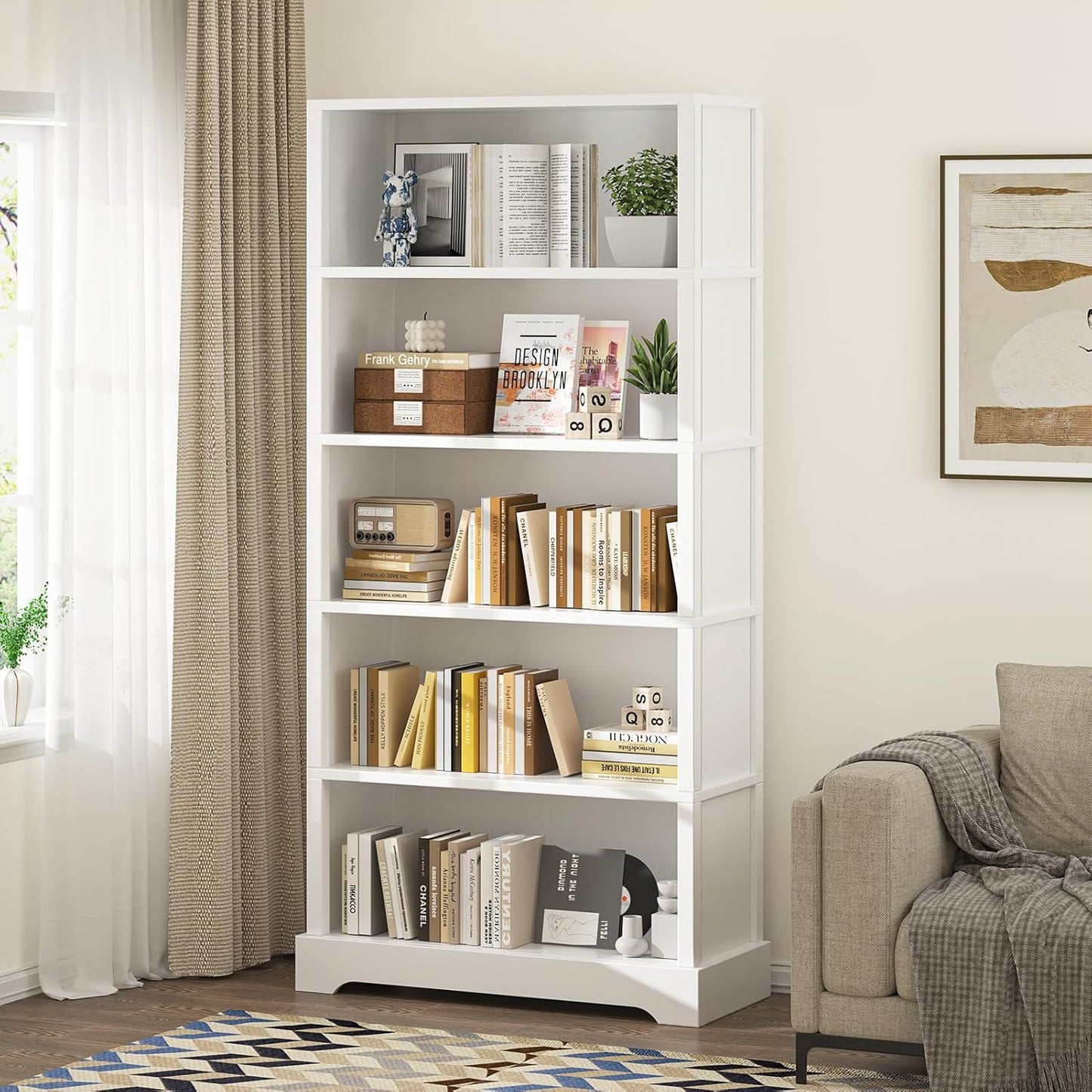 TVU 5-Shelf Wood Bookcase, 65 Inch Tall Bookshelf with Storage, Floor Standing Display Book Shelf，for Living Room Bedroom Study Office, White