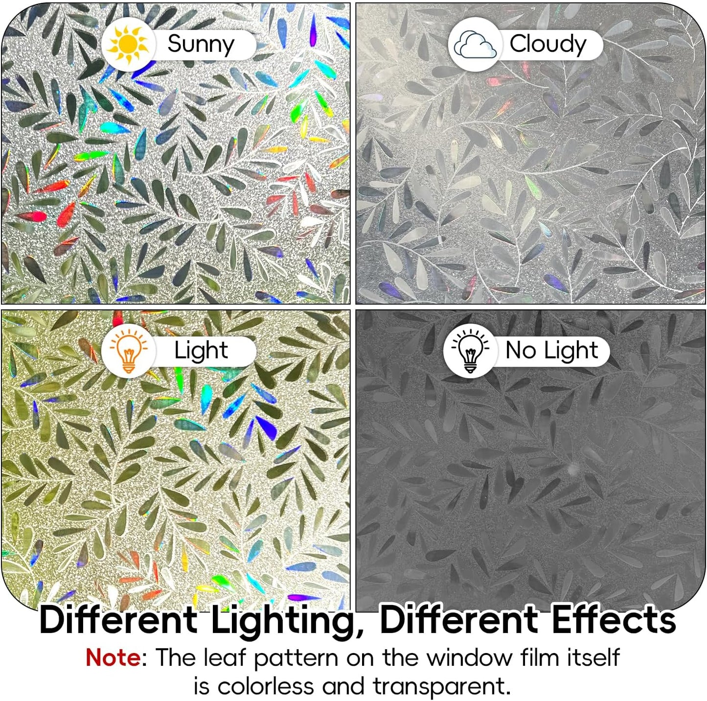 DUOFIRE Window Privacy Film Rainbow Window Film Decorative Leaves Pattern Window Cling Frosted Reusable Anti-UV Non-Adhesive Static Cling Privacy Film for Home Office 11.8 × 47.2 inches