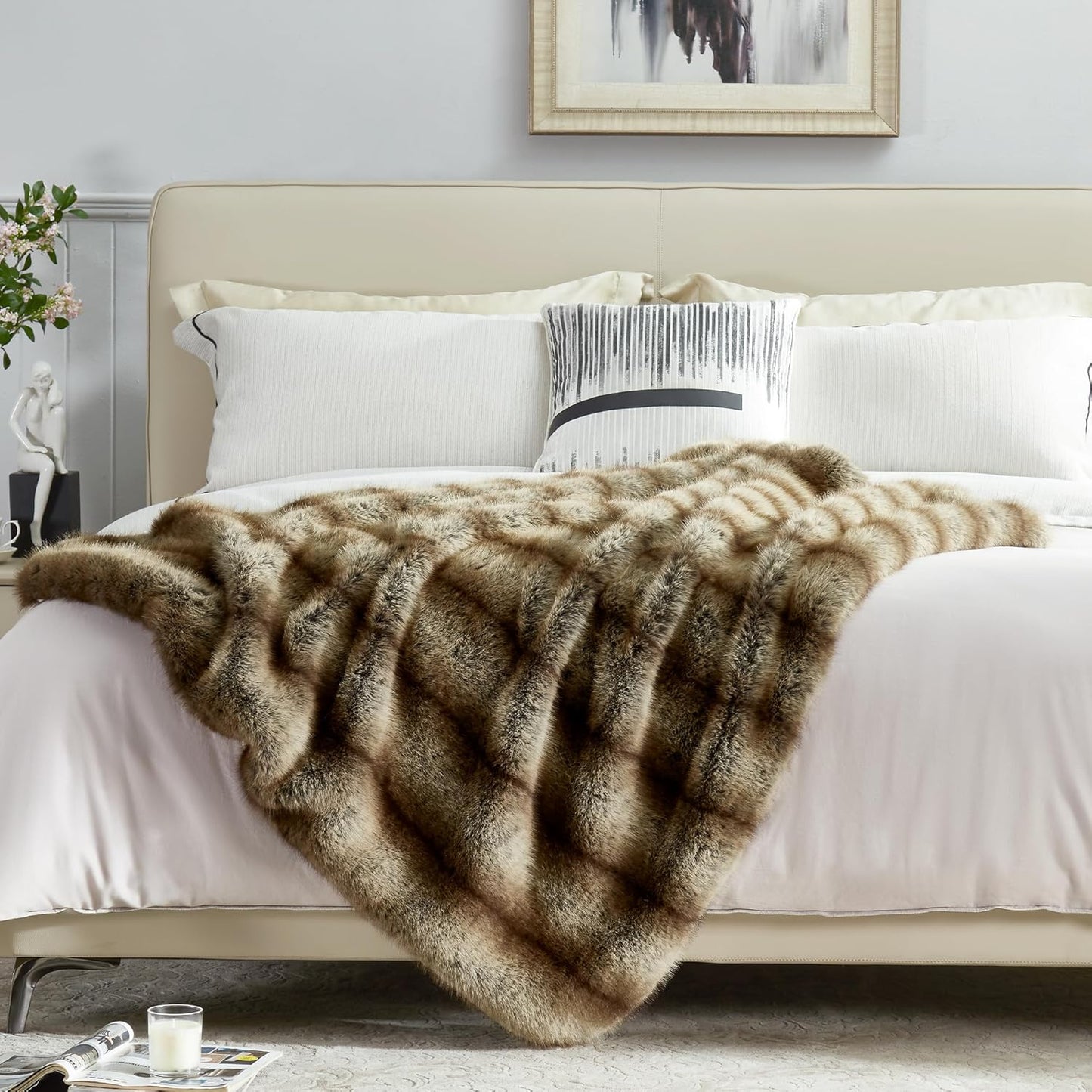 DREAMNINE Premium Luxury Fuzzy Animal Skin Faux Fur Throw Blanket 50" x 60", Double Sided Thick Shaggy Lion Fluffy Bear Lap Blankets, Soft Decorative Cozy Wolf Warm Winter Fox Furry Blanket,Gold Brown