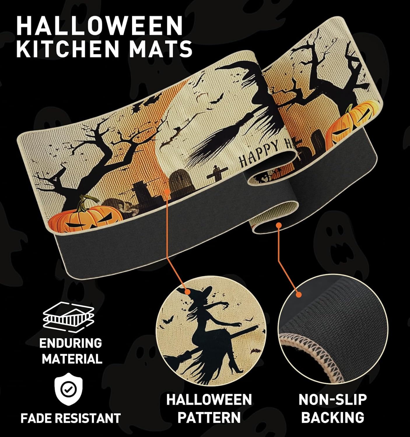 Halloween Kitchen Mat Set of 2, Spooky Witch Pumpkin Cat Halloween Kitchen Decor, Halloween Rug for Floor, Indoor Spooky Home Decor with Non-Slip Backing,17 x 29 Inch & 17 x 47 Inch