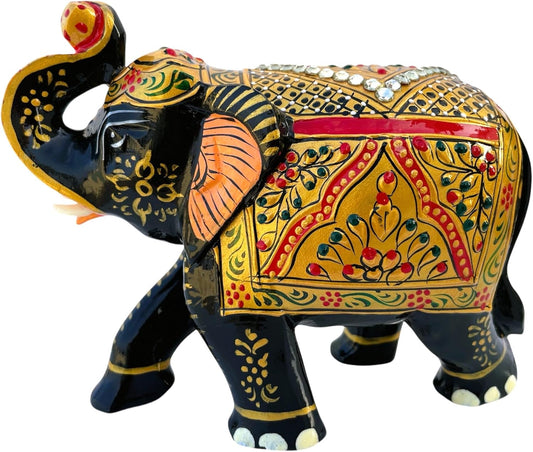 Handcrafted Wooden Elephant Figurine – Traditional Artwork, Gold & Gemstone Embellishments – Lucky Decorative Elephant Statue for Prosperity | Beautiful Elefantes Decorativos para Sala (Black & Gold)