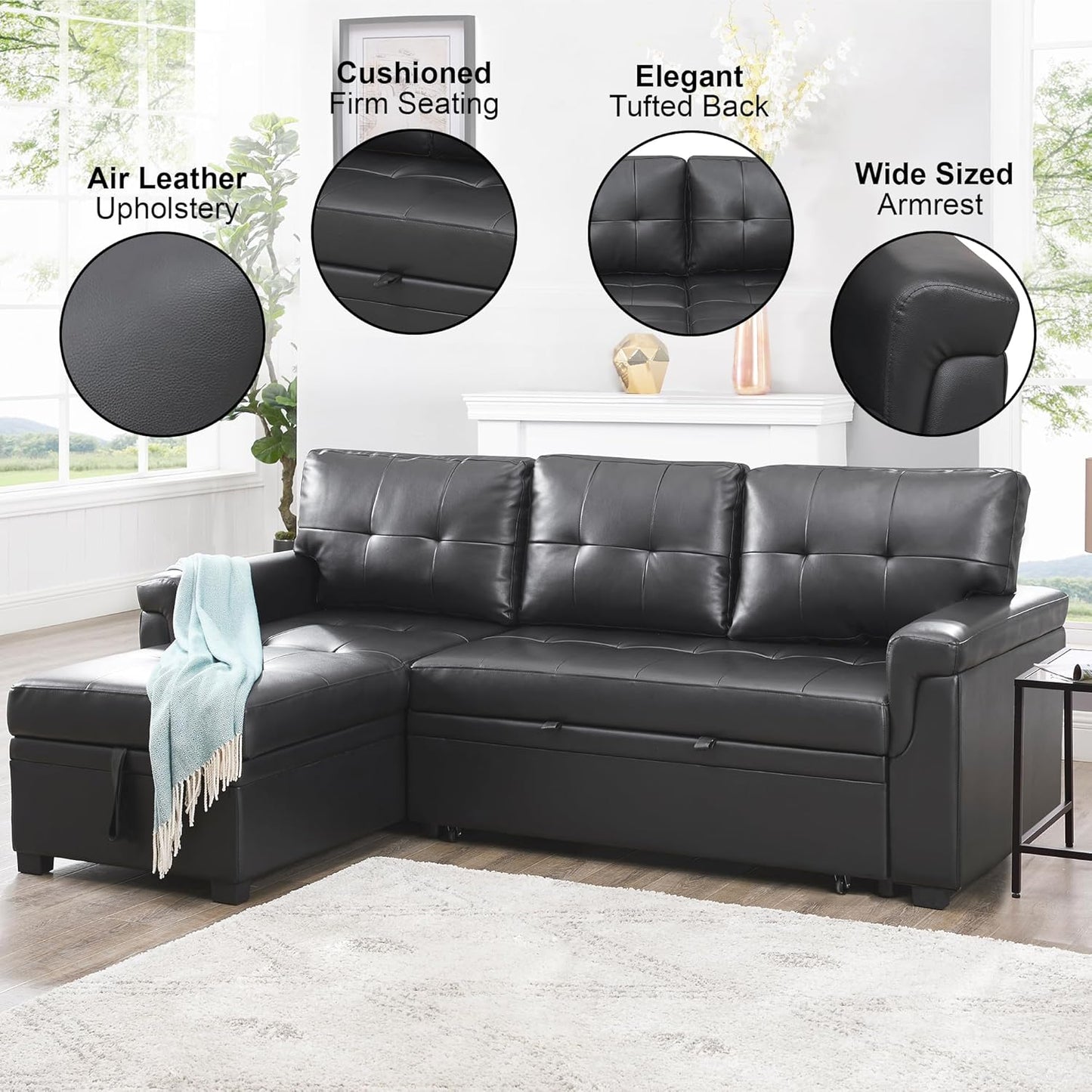 Naomi Home Modern Sectional Sofa with Storage Chaise Black/Air Leather