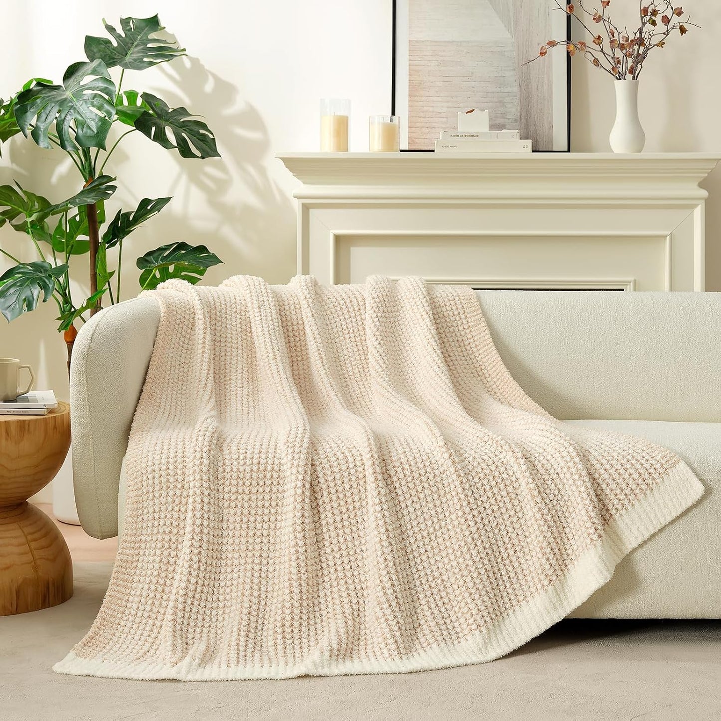 Snuggle Sac Cream Waffle Throw Blanket for Couch Bed Sofa 50x60 inches, Reversible Beige Blanket Microfiber Fluffy Fuzzy Cozy Knit Soft Throws for Women Mothers Birthday Gifts