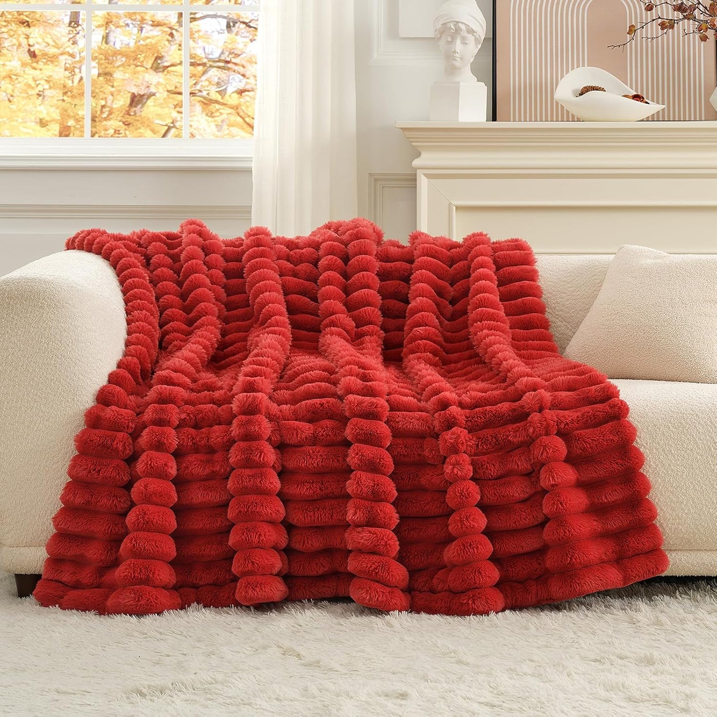 Cozy Bliss Faux Fur Throw Blanket for Couch, Cozy Warm Plush Striped Blanket for Sofa Bedroom Living Room,50 * 60 Inches Cardinal Red