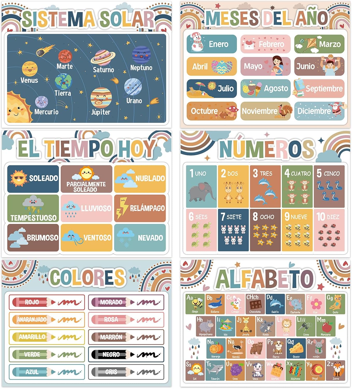 Spanish Educational Preschool Placemats Set of 6 Boho Plastic Table Mats Toddler Children Montessori Place Mats for Kids Washable Vinyl Holiday Table Decoration for Indoor Outdoor Party Kitchen Dining